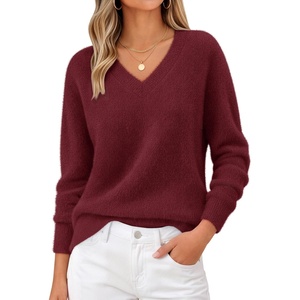 MEROKEETY Women’s V Neck Fuzzy Fall Long Sleeve Cozy Soft Sweater Pullover | 2026 Fashion, Slouchy Furry Knit Tops, Classic Loose Fit, Daliy Casual Wear, Comfy Warm Winter Outfits(Wine)