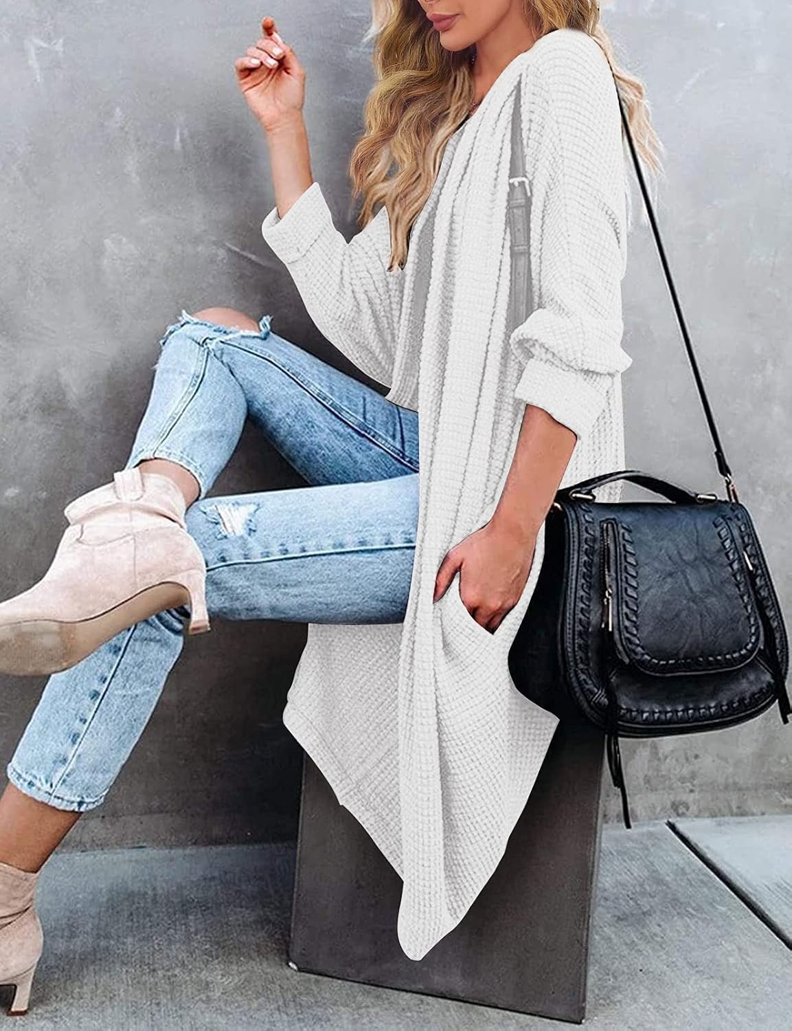 image:imageMEROKEETY Cardigan Sweaters for Women Oversized Long Cardigans Fall Outfits Waffle Knit Batwing Long Sleeve Loose Fit Open Front Slouchy Casual Outwear Cozy Sweater Coat Winter ClothesWhite