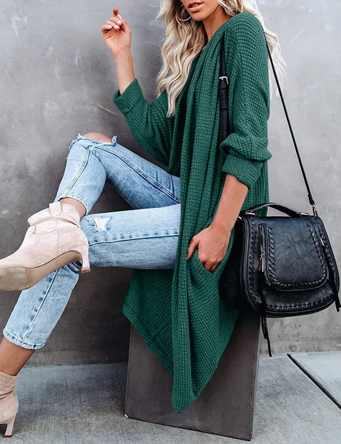 image:imageMEROKEETY Cardigan Sweaters for Women Oversized Long Cardigans Fall Outfits Waffle Knit Batwing Long Sleeve Loose Fit Open Front Slouchy Casual Outwear Cozy Sweater Coat Winter ClothesDark Green