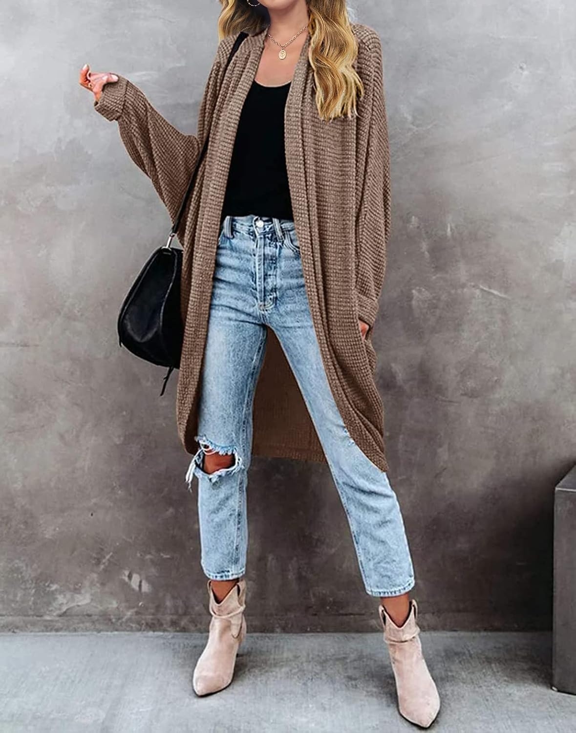 image:imageMEROKEETY Cardigan Sweaters for Women Oversized Long Cardigans Fall Outfits Waffle Knit Batwing Long Sleeve Loose Fit Open Front Slouchy Casual Outwear Cozy Sweater Coat Winter ClothesBrown
