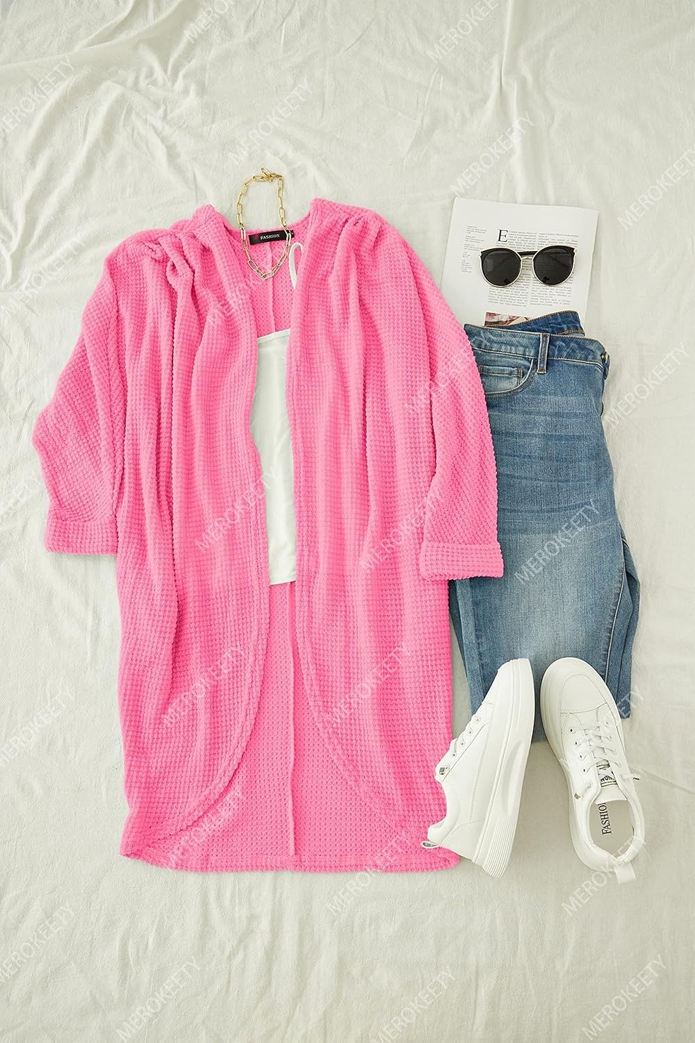 image:imageMEROKEETY Cardigan Sweaters for Women Oversized Long Cardigans Fall Outfits Waffle Knit Batwing Long Sleeve Loose Fit Open Front Slouchy Casual Outwear Cozy Sweater Coat Winter ClothesHot Pink