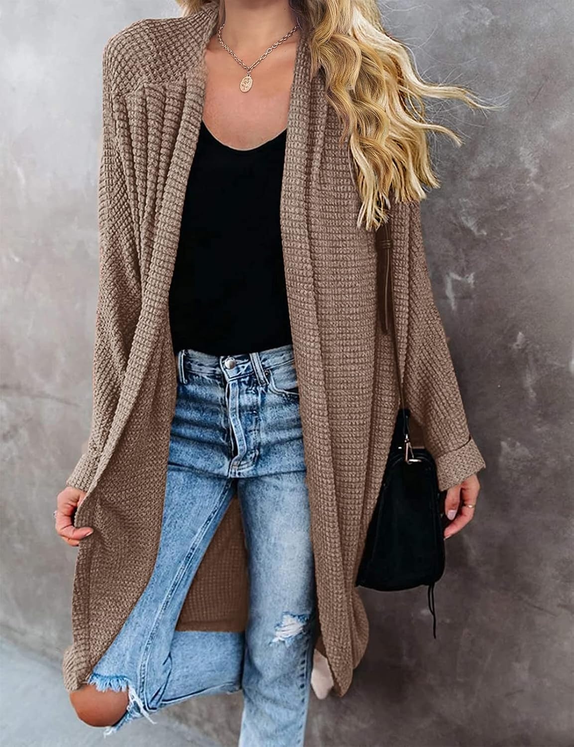 image:imageMEROKEETY Cardigan Sweaters for Women Oversized Long Cardigans Fall Outfits Waffle Knit Batwing Long Sleeve Loose Fit Open Front Slouchy Casual Outwear Cozy Sweater Coat Winter ClothesBrown