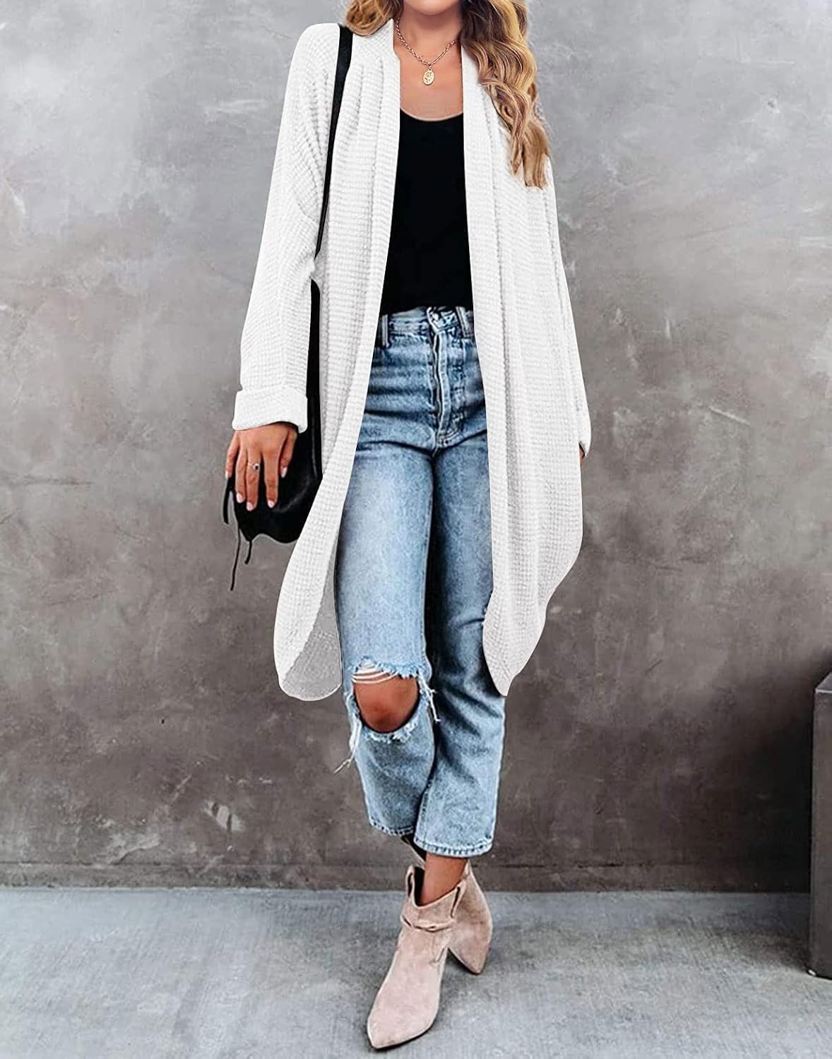 image:imageMEROKEETY Cardigan Sweaters for Women Oversized Long Cardigans Fall Outfits Waffle Knit Batwing Long Sleeve Loose Fit Open Front Slouchy Casual Outwear Cozy Sweater Coat Winter ClothesWhite