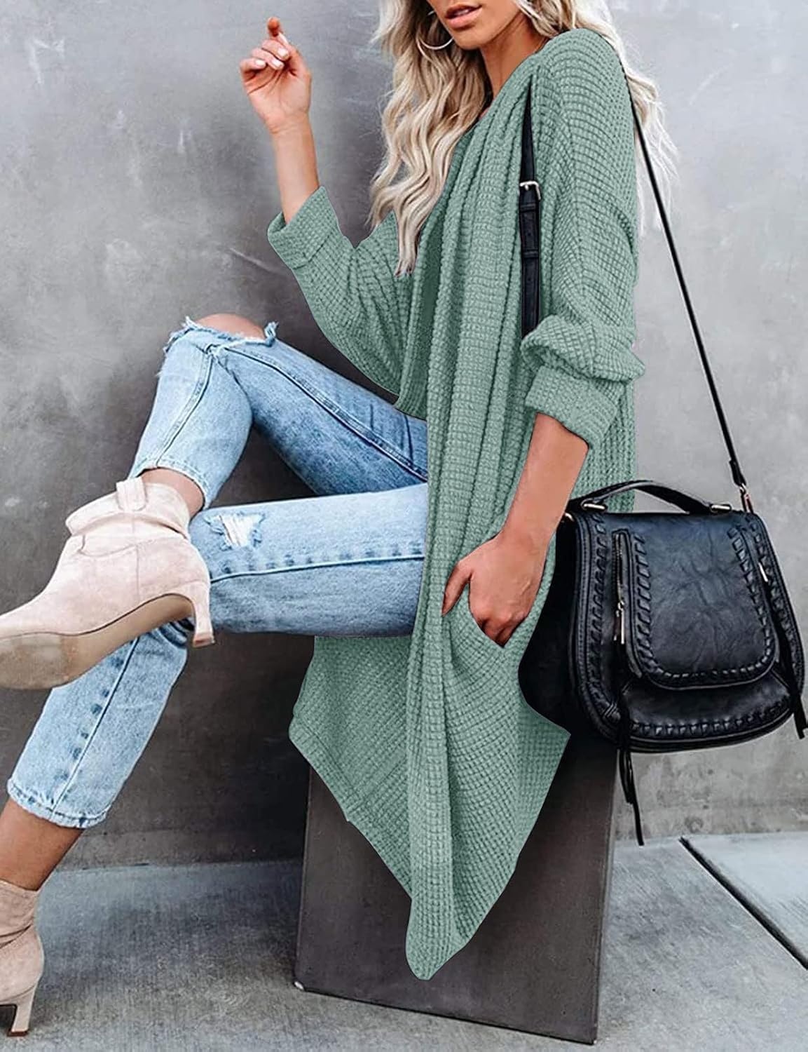 image:imageMEROKEETY Cardigan Sweaters for Women Oversized Long Cardigans Fall Outfits Waffle Knit Batwing Long Sleeve Loose Fit Open Front Slouchy Casual Outwear Cozy Sweater Coat Winter ClothesSage