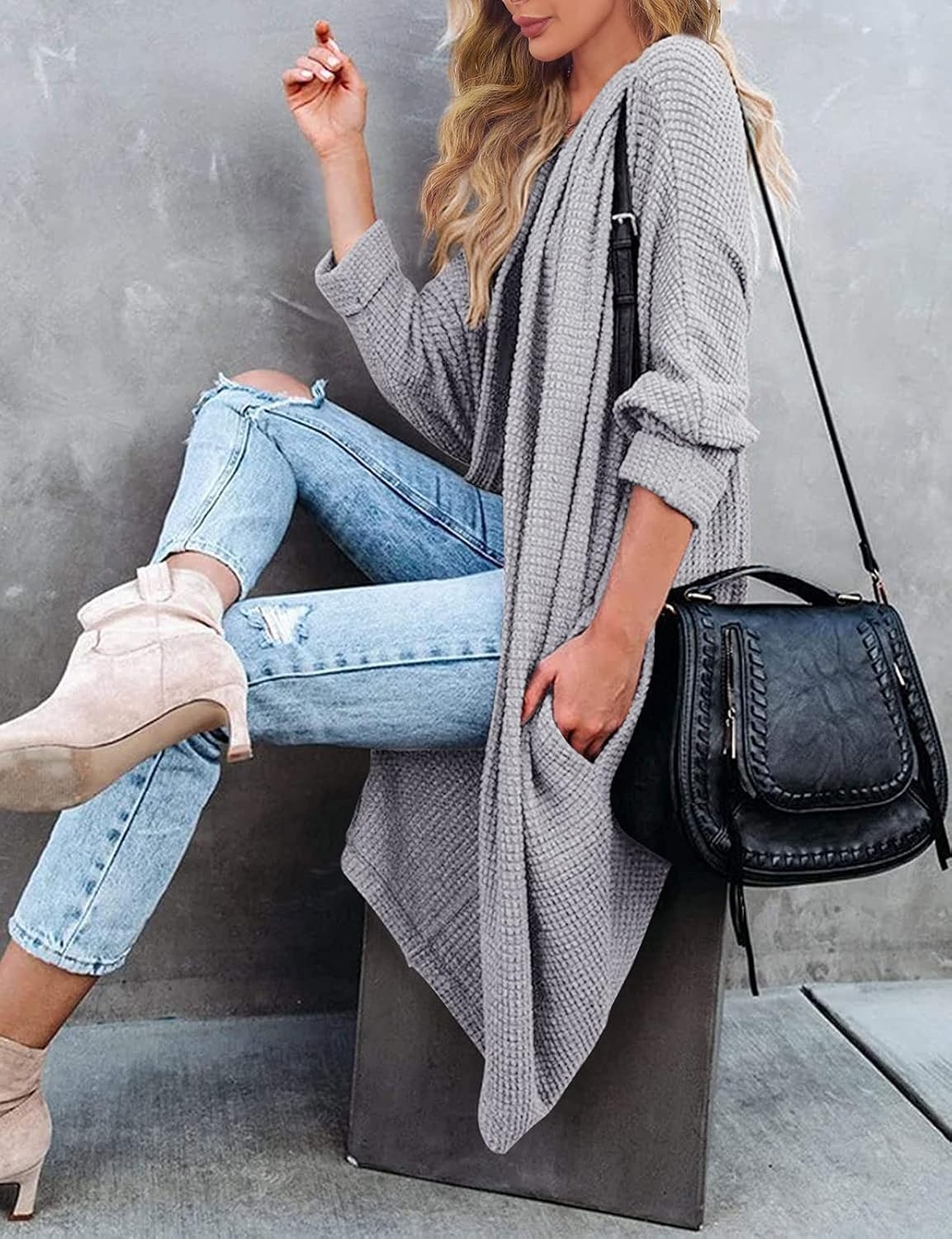 image:imageMEROKEETY Cardigan Sweaters for Women Oversized Long Cardigans Fall Outfits Waffle Knit Batwing Long Sleeve Loose Fit Open Front Slouchy Casual Outwear Cozy Sweater Coat Winter ClothesLight Grey