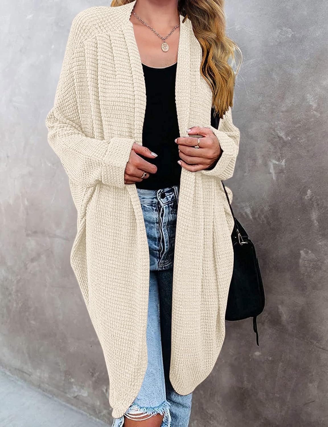 image:imageMEROKEETY Cardigan Sweaters for Women Oversized Long Cardigans Fall Outfits Waffle Knit Batwing Long Sleeve Loose Fit Open Front Slouchy Casual Outwear Cozy Sweater Coat Winter ClothesBeige