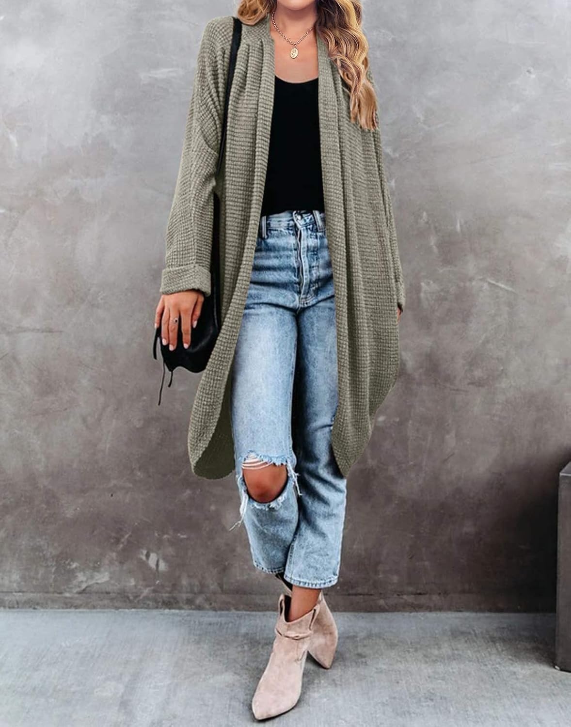 image:imageMEROKEETY Cardigan Sweaters for Women Oversized Long Cardigans Fall Outfits Waffle Knit Batwing Long Sleeve Loose Fit Open Front Slouchy Casual Outwear Cozy Sweater Coat Winter ClothesOlive