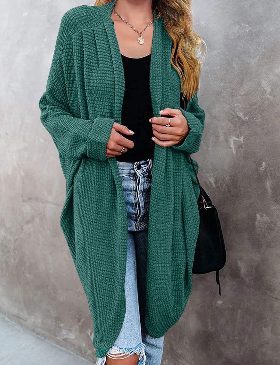 image:imageMEROKEETY Cardigan Sweaters for Women Oversized Long Cardigans Fall Outfits Waffle Knit Batwing Long Sleeve Loose Fit Open Front Slouchy Casual Outwear Cozy Sweater Coat Winter ClothesDark Green