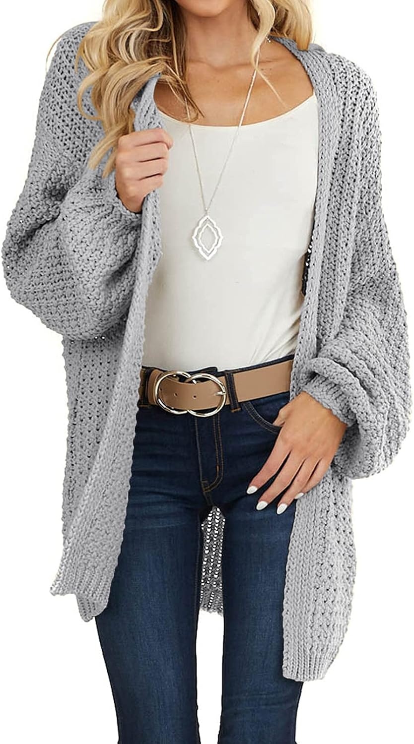 image:imageMEROKEETY Womens 2026 Fall Long Sleeve Chunky Knit Cardigan Sweaters Open Front Oversized Lantern Sleeve Chunky Trendy Cardigan Outerwear Fashion Winter Outfits CoatsLight Grey