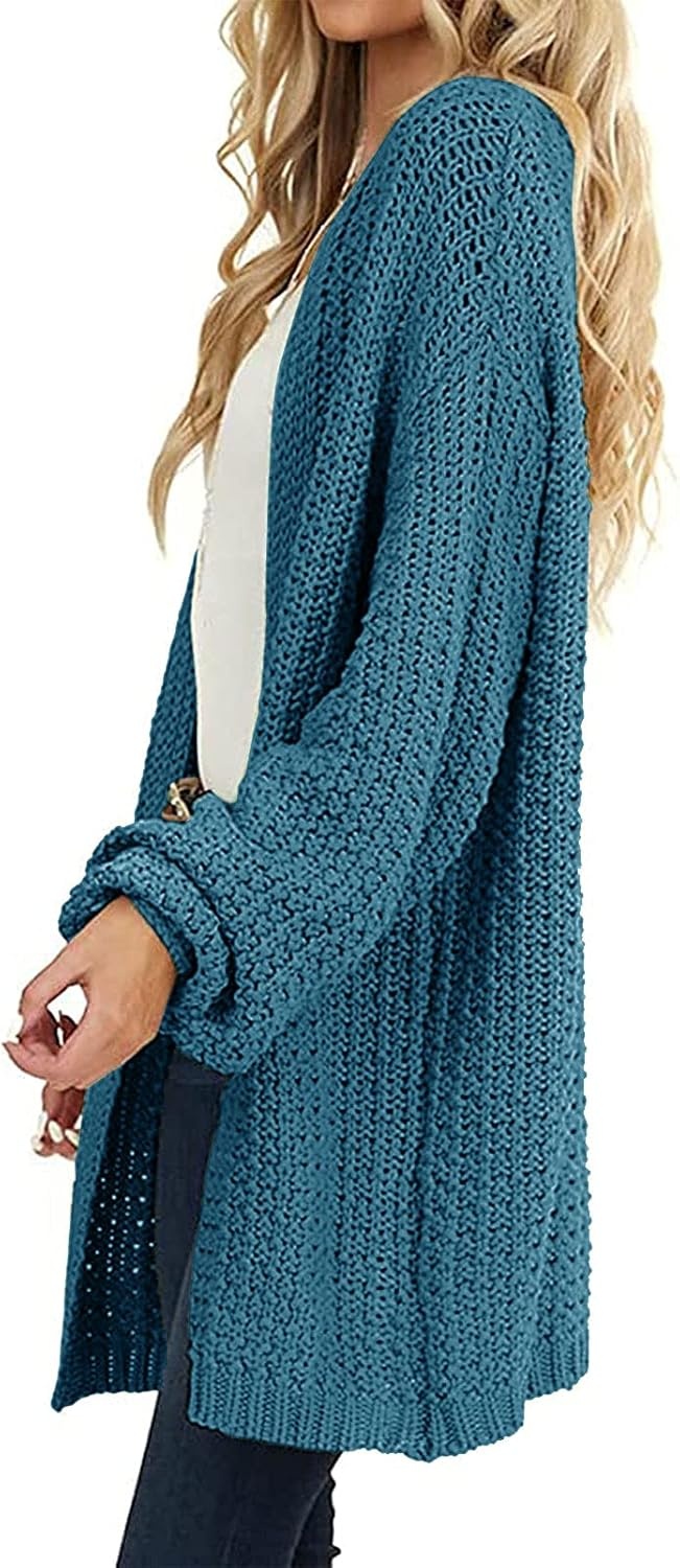 image:imageMEROKEETY Womens 2026 Fall Long Sleeve Chunky Knit Cardigan Sweaters Open Front Oversized Lantern Sleeve Chunky Trendy Cardigan Outerwear Fashion Winter Outfits CoatsTeal