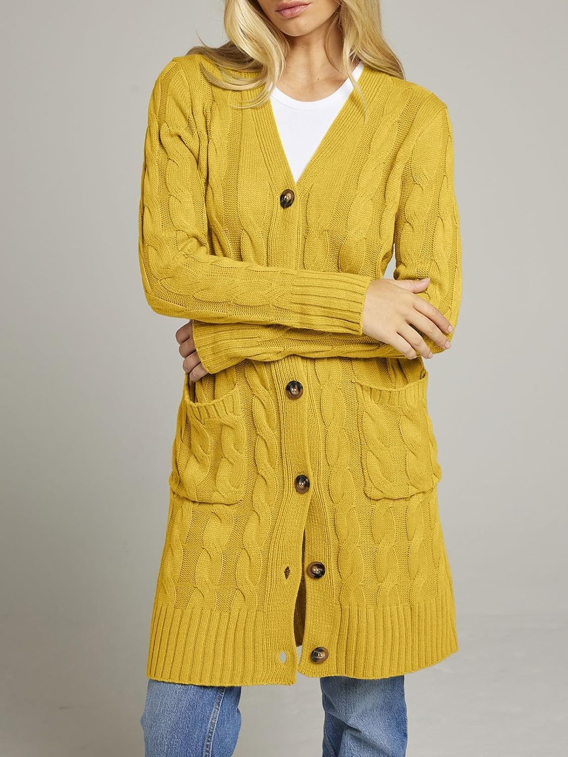 image:imageMEROKEETY Womens Fall Cable Knit Button Long Cardigan Sweater Button Front Long Sleeve Chunky Knit Open Front V Neck Loose Fit Side Pockets 2026 Winter Casual outerwearMustard