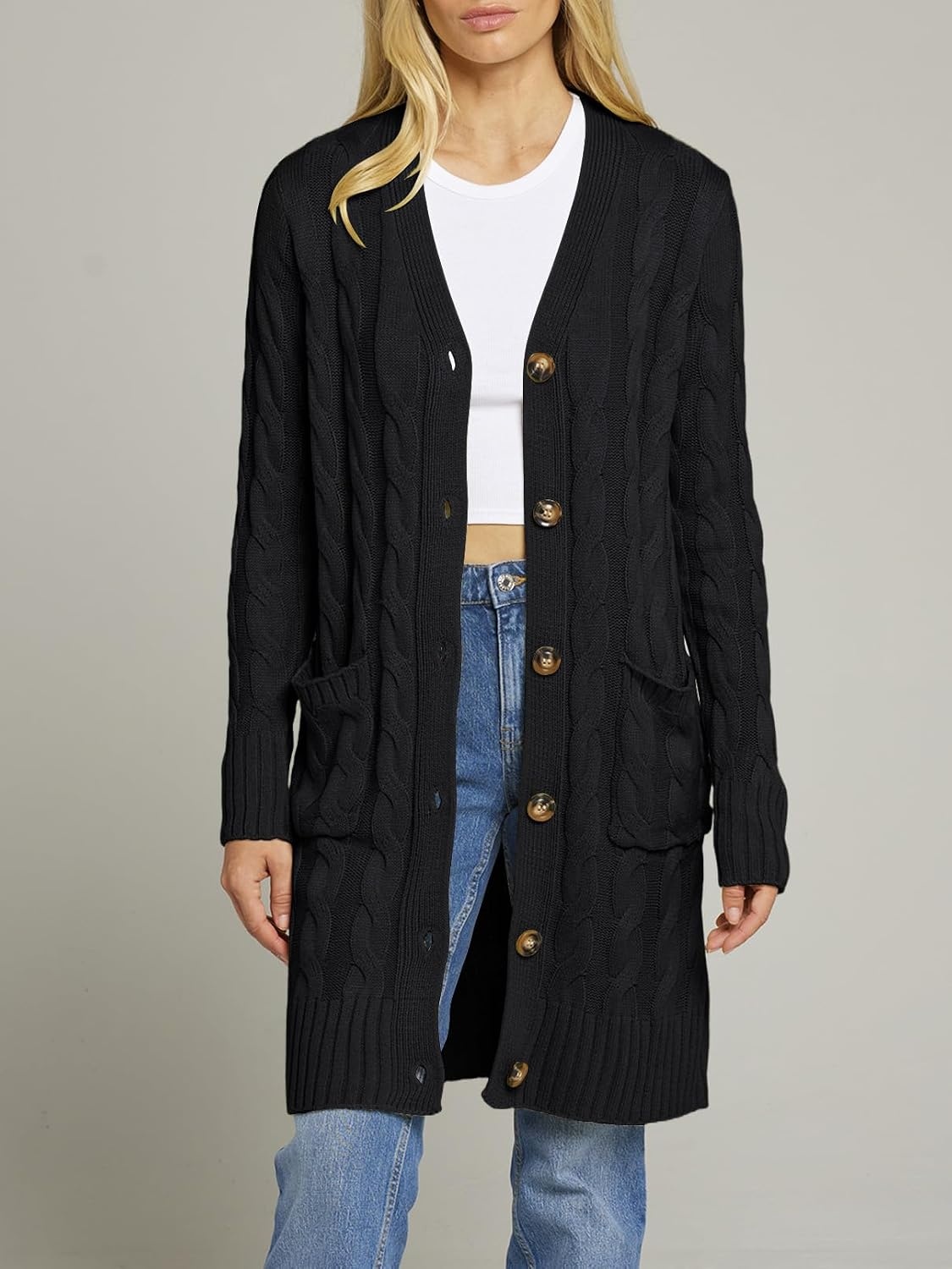 image:imageMEROKEETY Womens Fall Cable Knit Button Long Cardigan Sweater Button Front Long Sleeve Chunky Knit Open Front V Neck Loose Fit Side Pockets 2026 Winter Casual outerwearBlack
