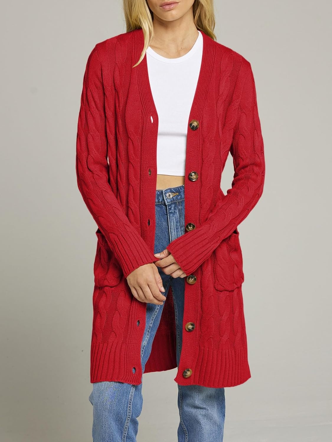 image:imageMEROKEETY Womens Fall Cable Knit Button Long Cardigan Sweater Button Front Long Sleeve Chunky Knit Open Front V Neck Loose Fit Side Pockets 2026 Winter Casual outerwearRed