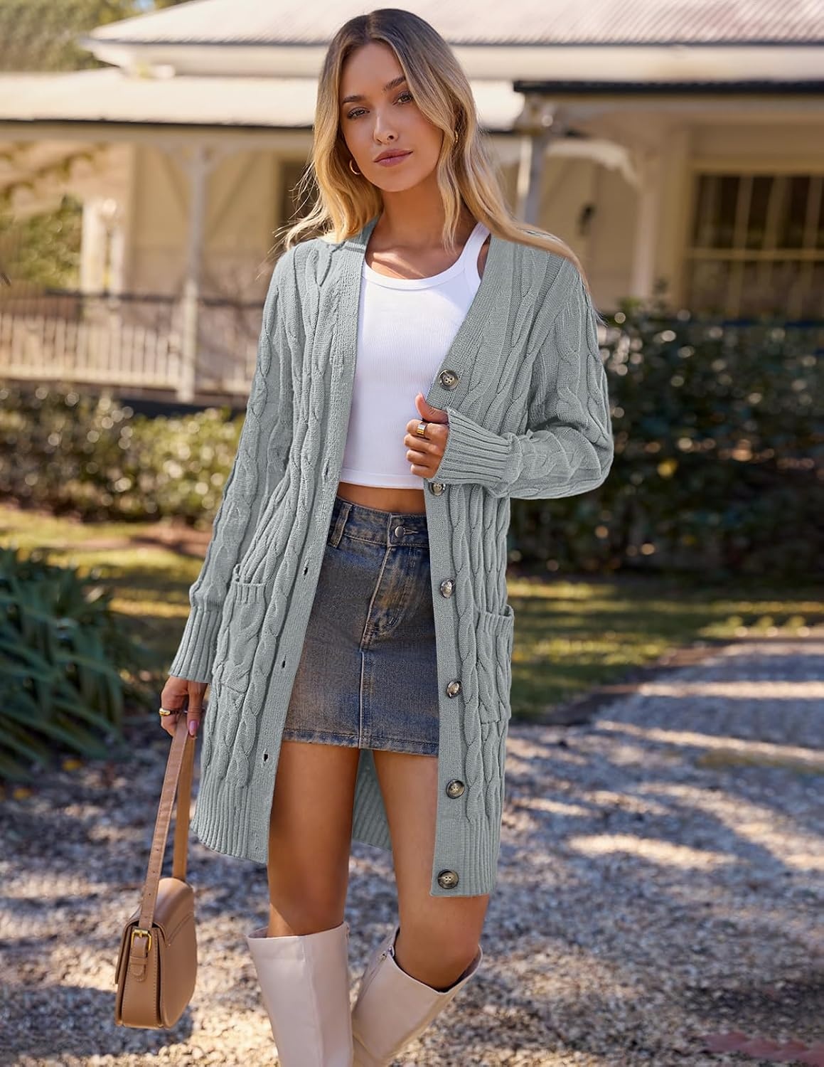 image:imageMEROKEETY Womens Fall Cable Knit Button Long Cardigan Sweater Button Front Long Sleeve Chunky Knit Open Front V Neck Loose Fit Side Pockets 2026 Winter Casual outerwearGrey