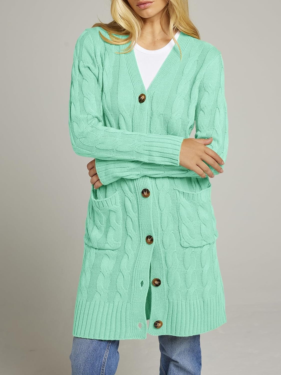 image:imageMEROKEETY Womens Fall Cable Knit Button Long Cardigan Sweater Button Front Long Sleeve Chunky Knit Open Front V Neck Loose Fit Side Pockets 2026 Winter Casual outerwearMint