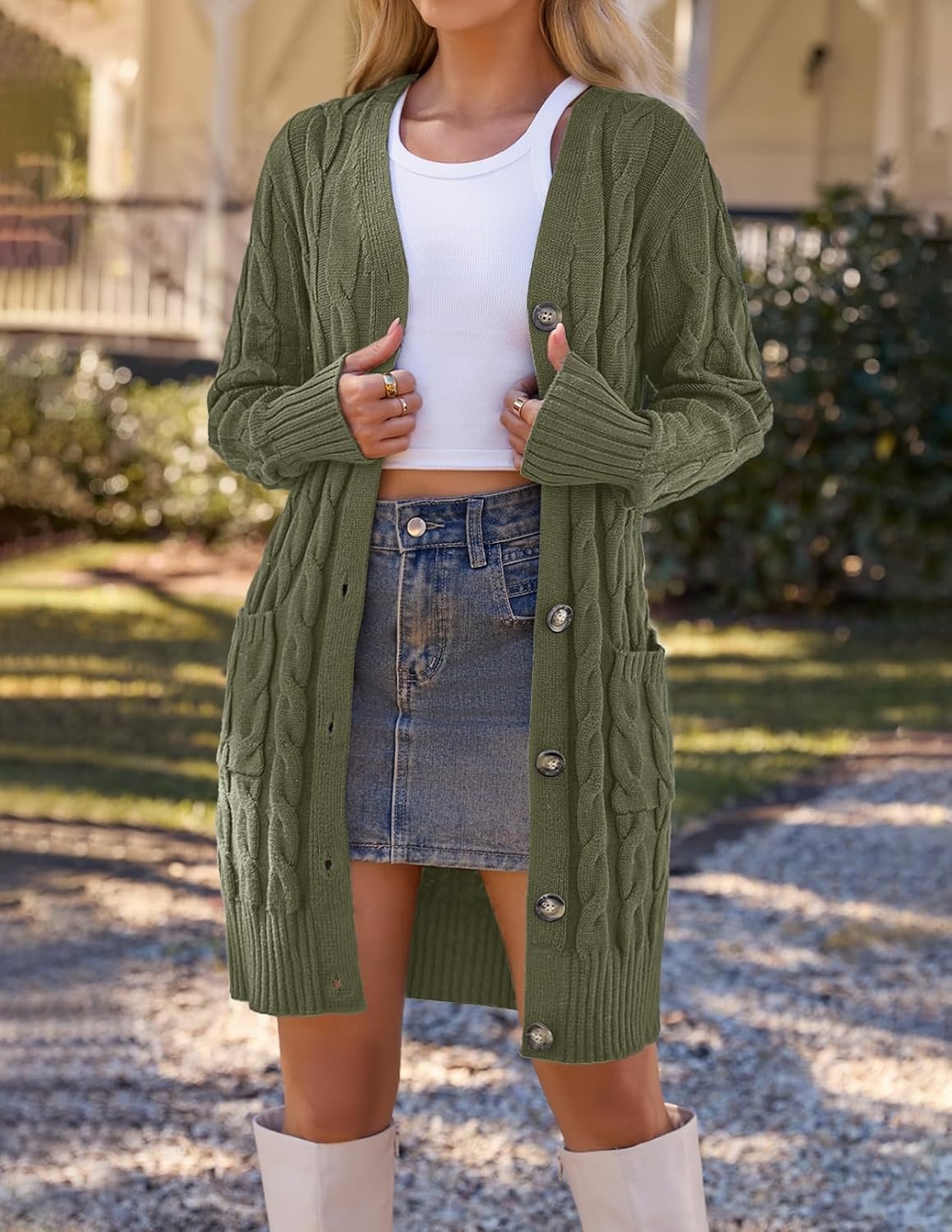 image:imageMEROKEETY Womens Fall Cable Knit Button Long Cardigan Sweater Button Front Long Sleeve Chunky Knit Open Front V Neck Loose Fit Side Pockets 2026 Winter Casual outerwearArmy Green