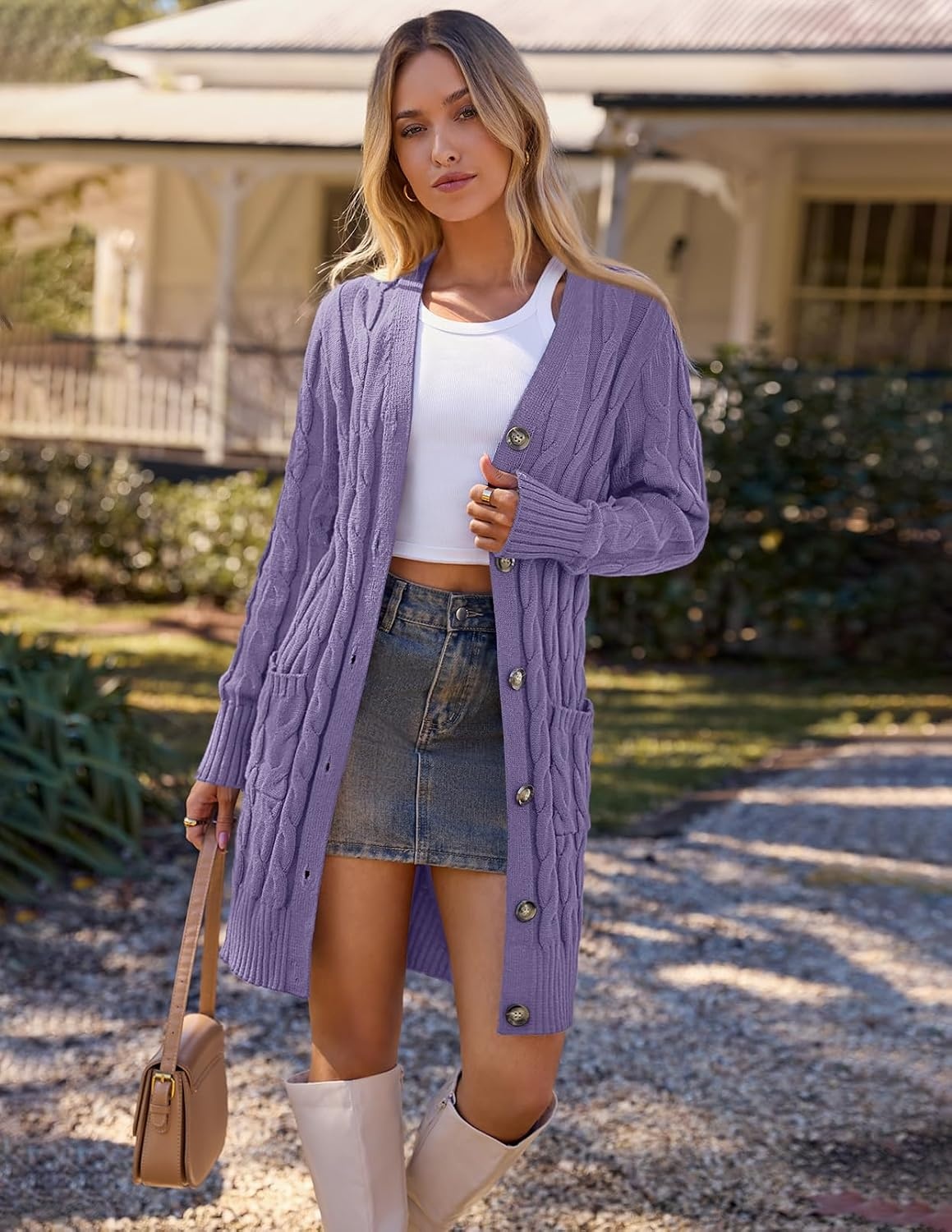 image:imageMEROKEETY Womens Fall Cable Knit Button Long Cardigan Sweater Button Front Long Sleeve Chunky Knit Open Front V Neck Loose Fit Side Pockets 2026 Winter Casual outerwearPurple