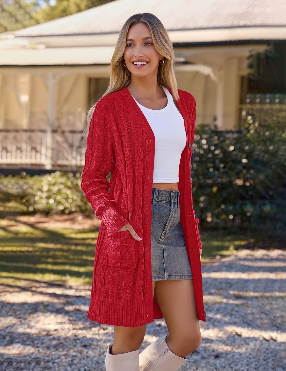 image:imageMEROKEETY Womens Fall Cable Knit Button Long Cardigan Sweater Button Front Long Sleeve Chunky Knit Open Front V Neck Loose Fit Side Pockets 2026 Winter Casual outerwearRed