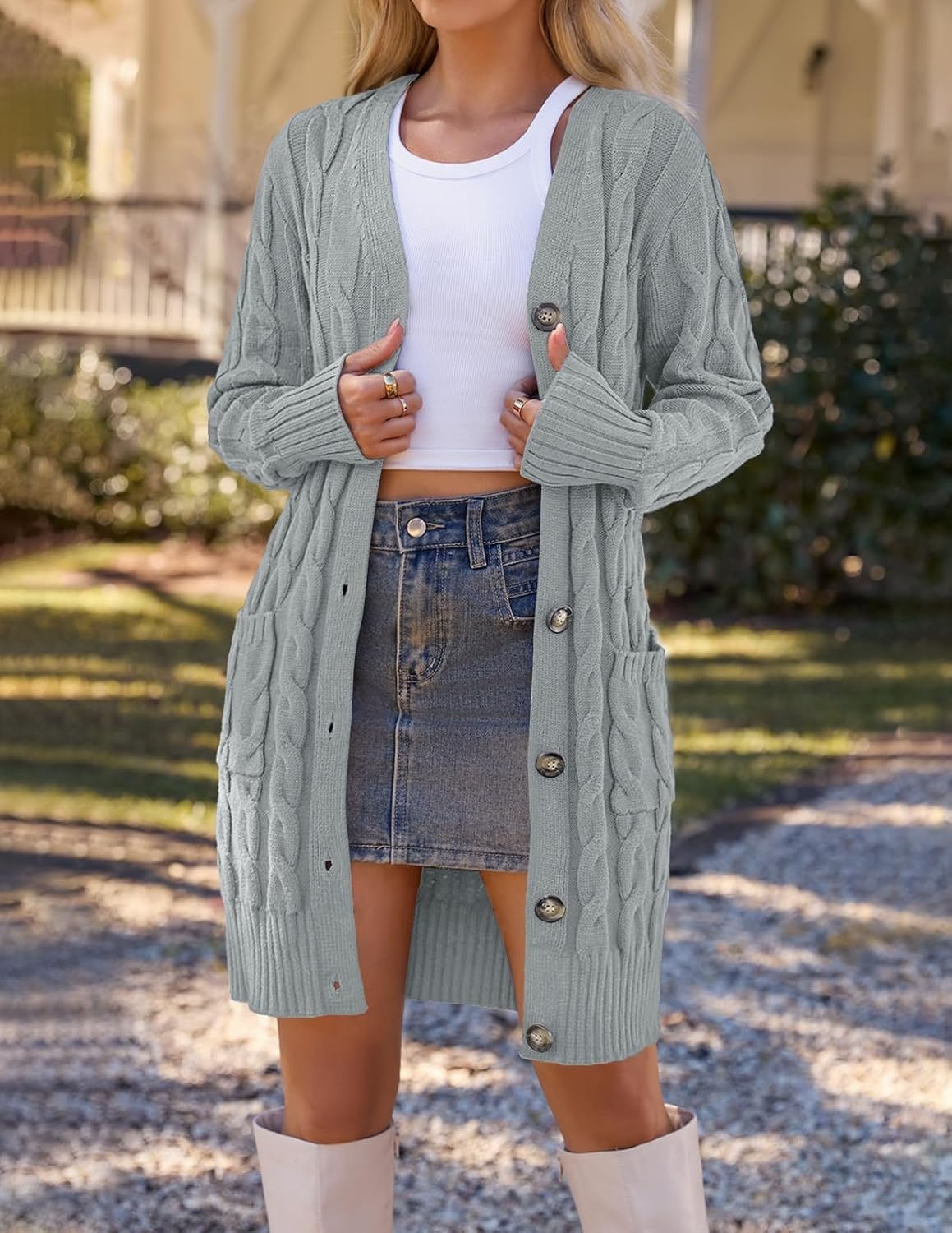 image:imageMEROKEETY Womens Fall Cable Knit Button Long Cardigan Sweater Button Front Long Sleeve Chunky Knit Open Front V Neck Loose Fit Side Pockets 2026 Winter Casual outerwearGrey