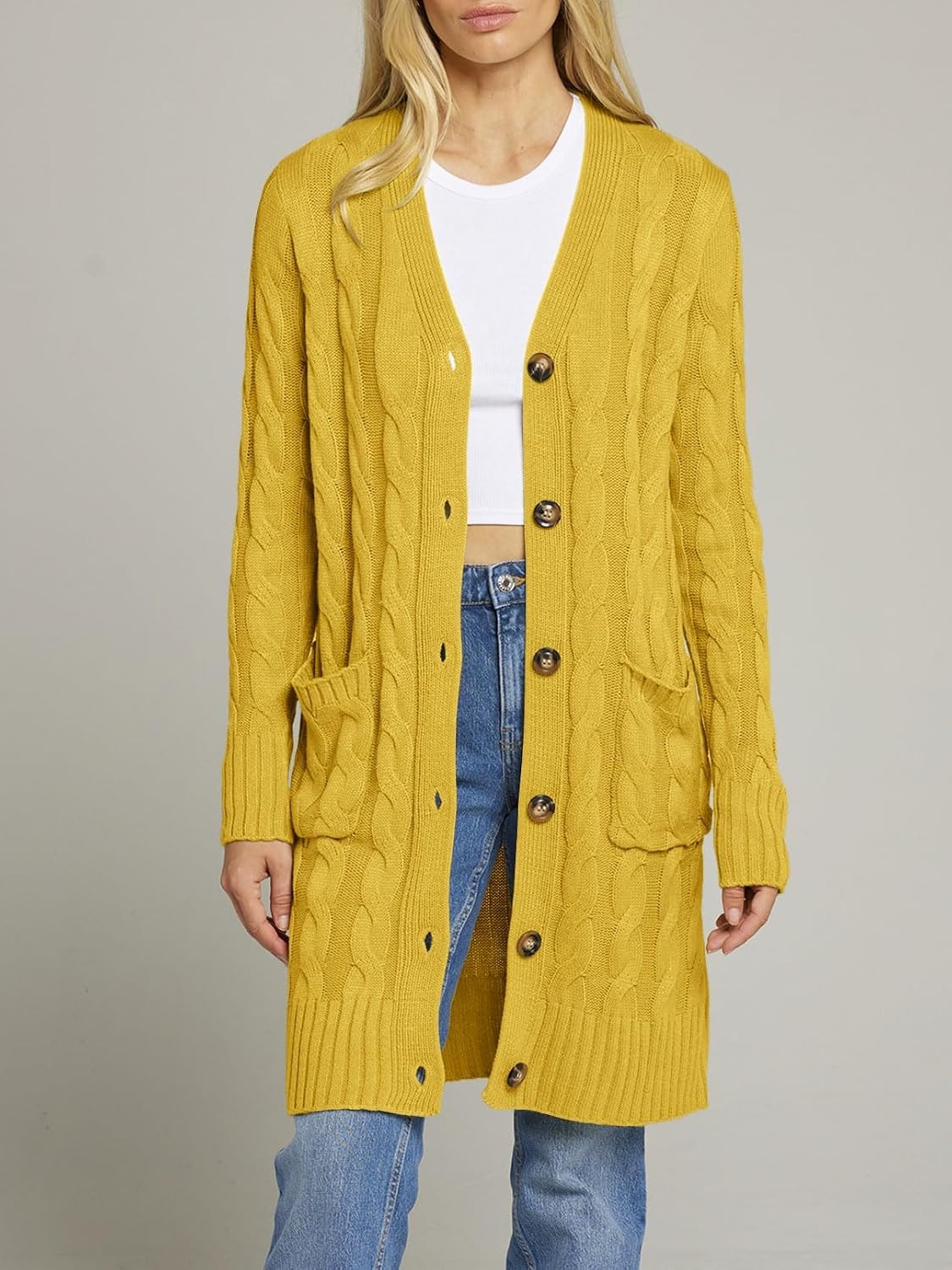 image:imageMEROKEETY Womens Fall Cable Knit Button Long Cardigan Sweater Button Front Long Sleeve Chunky Knit Open Front V Neck Loose Fit Side Pockets 2026 Winter Casual outerwearMustard