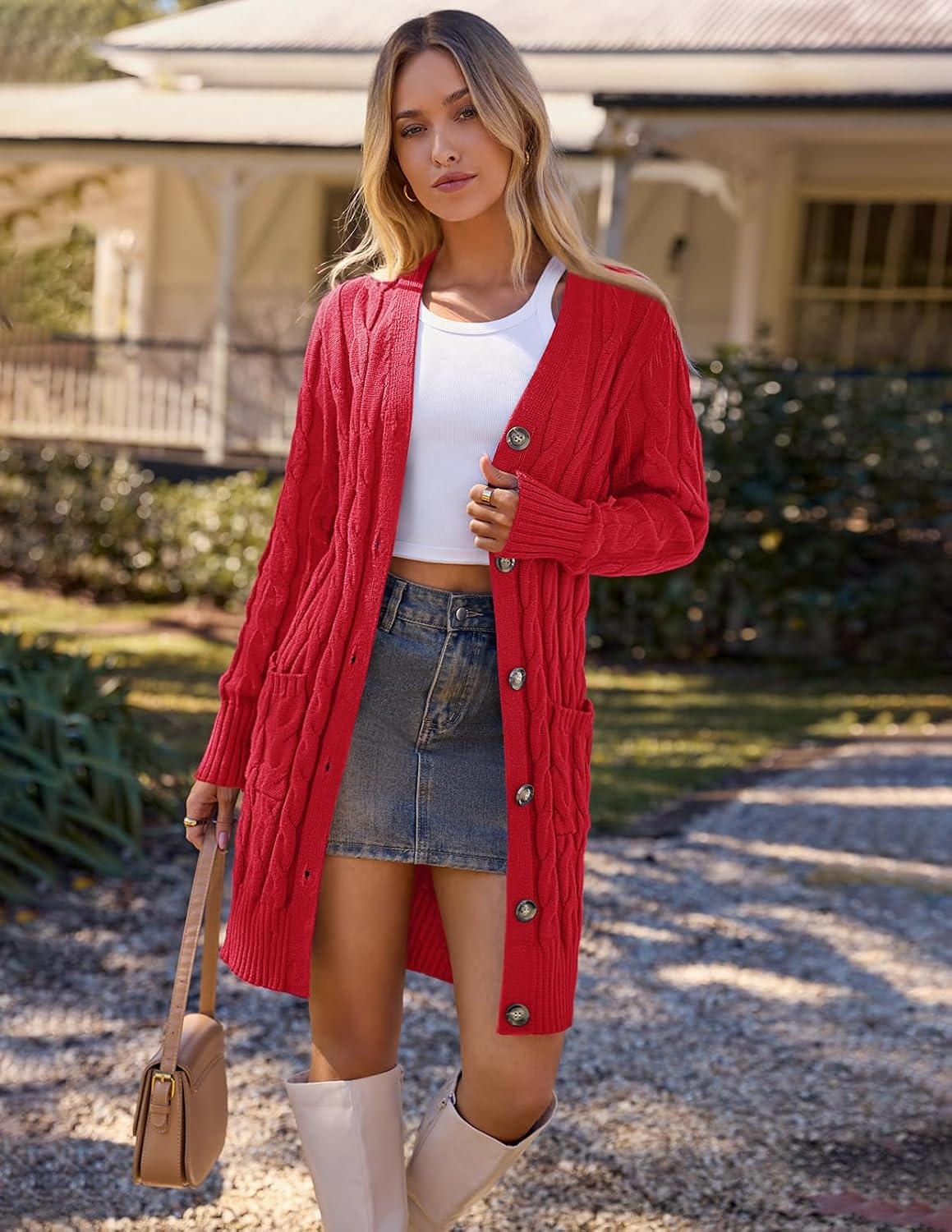 image:imageMEROKEETY Womens Fall Cable Knit Button Long Cardigan Sweater Button Front Long Sleeve Chunky Knit Open Front V Neck Loose Fit Side Pockets 2026 Winter Casual outerwearRed