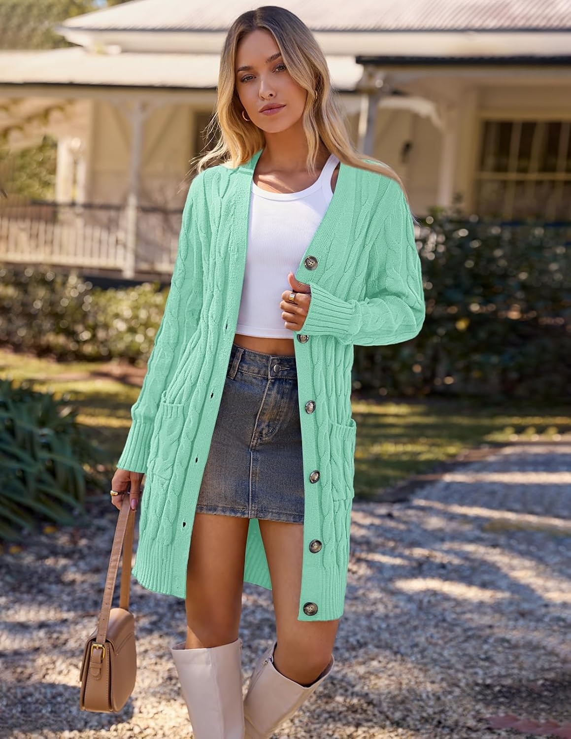 image:imageMEROKEETY Womens Fall Cable Knit Button Long Cardigan Sweater Button Front Long Sleeve Chunky Knit Open Front V Neck Loose Fit Side Pockets 2026 Winter Casual outerwearMint