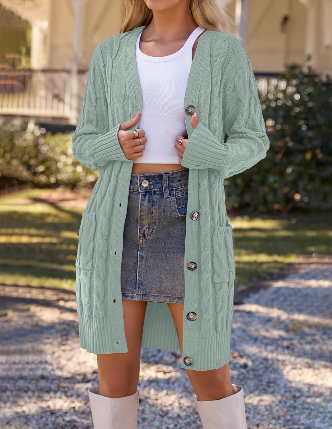 image:imageMEROKEETY Womens Fall Cable Knit Button Long Cardigan Sweater Button Front Long Sleeve Chunky Knit Open Front V Neck Loose Fit Side Pockets 2026 Winter Casual outerwearSage
