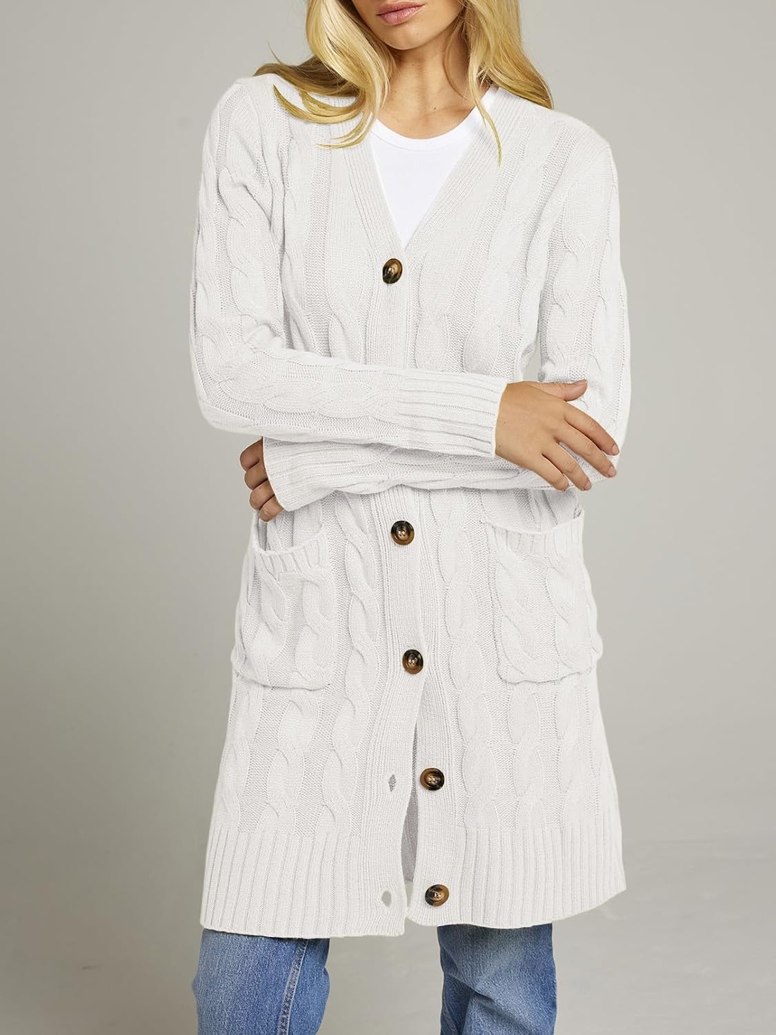 image:imageMEROKEETY Womens Fall Cable Knit Button Long Cardigan Sweater Button Front Long Sleeve Chunky Knit Open Front V Neck Loose Fit Side Pockets 2026 Winter Casual outerwearWhite