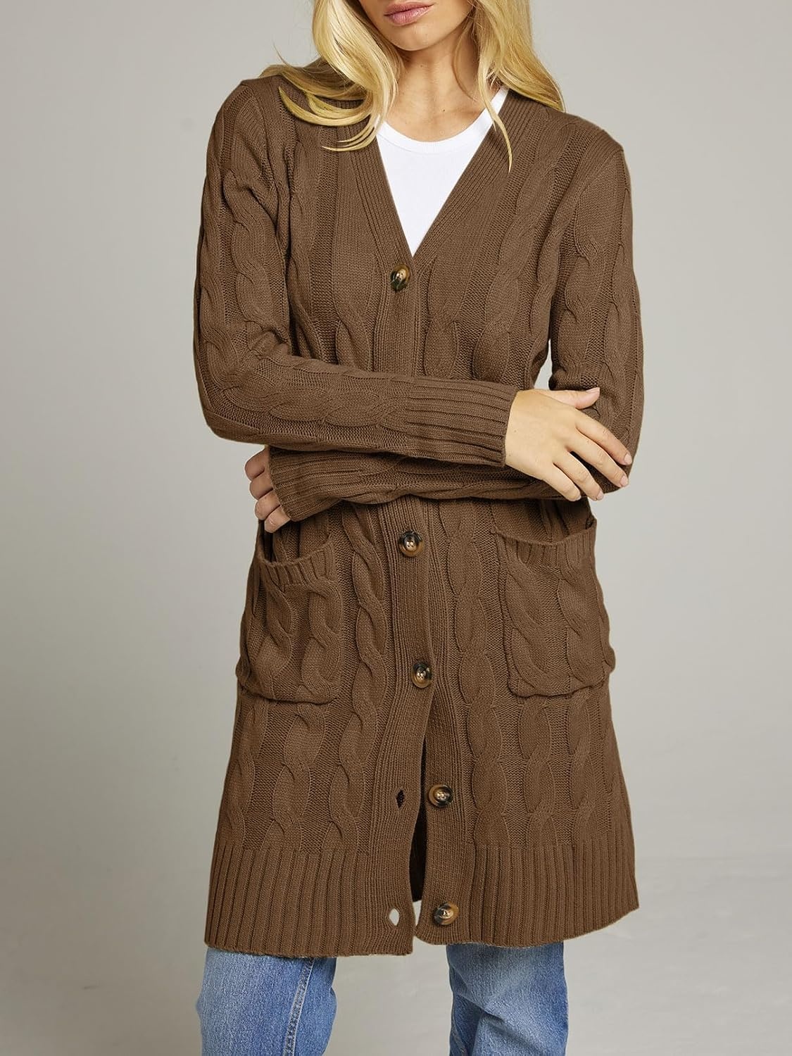 image:imageMEROKEETY Womens Fall Cable Knit Button Long Cardigan Sweater Button Front Long Sleeve Chunky Knit Open Front V Neck Loose Fit Side Pockets 2026 Winter Casual outerwearCoffee