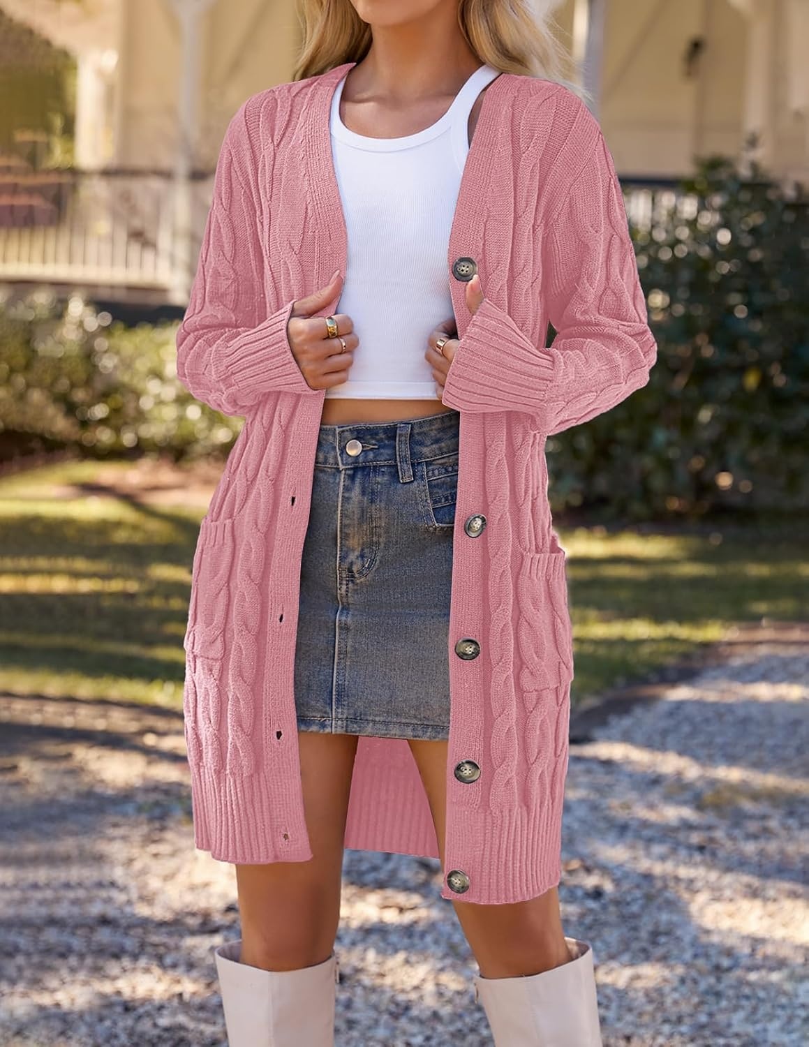 image:imageMEROKEETY Womens Fall Cable Knit Button Long Cardigan Sweater Button Front Long Sleeve Chunky Knit Open Front V Neck Loose Fit Side Pockets 2026 Winter Casual outerwearDarkpink
