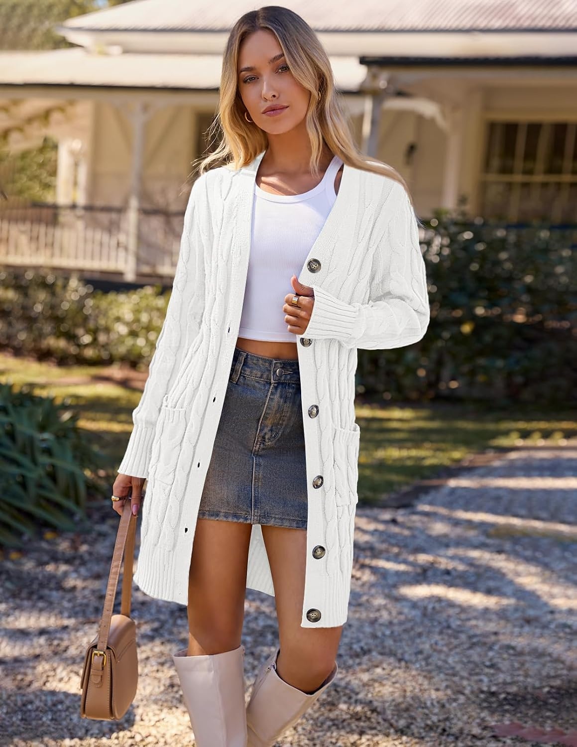 image:imageMEROKEETY Womens Fall Cable Knit Button Long Cardigan Sweater Button Front Long Sleeve Chunky Knit Open Front V Neck Loose Fit Side Pockets 2026 Winter Casual outerwearBeige