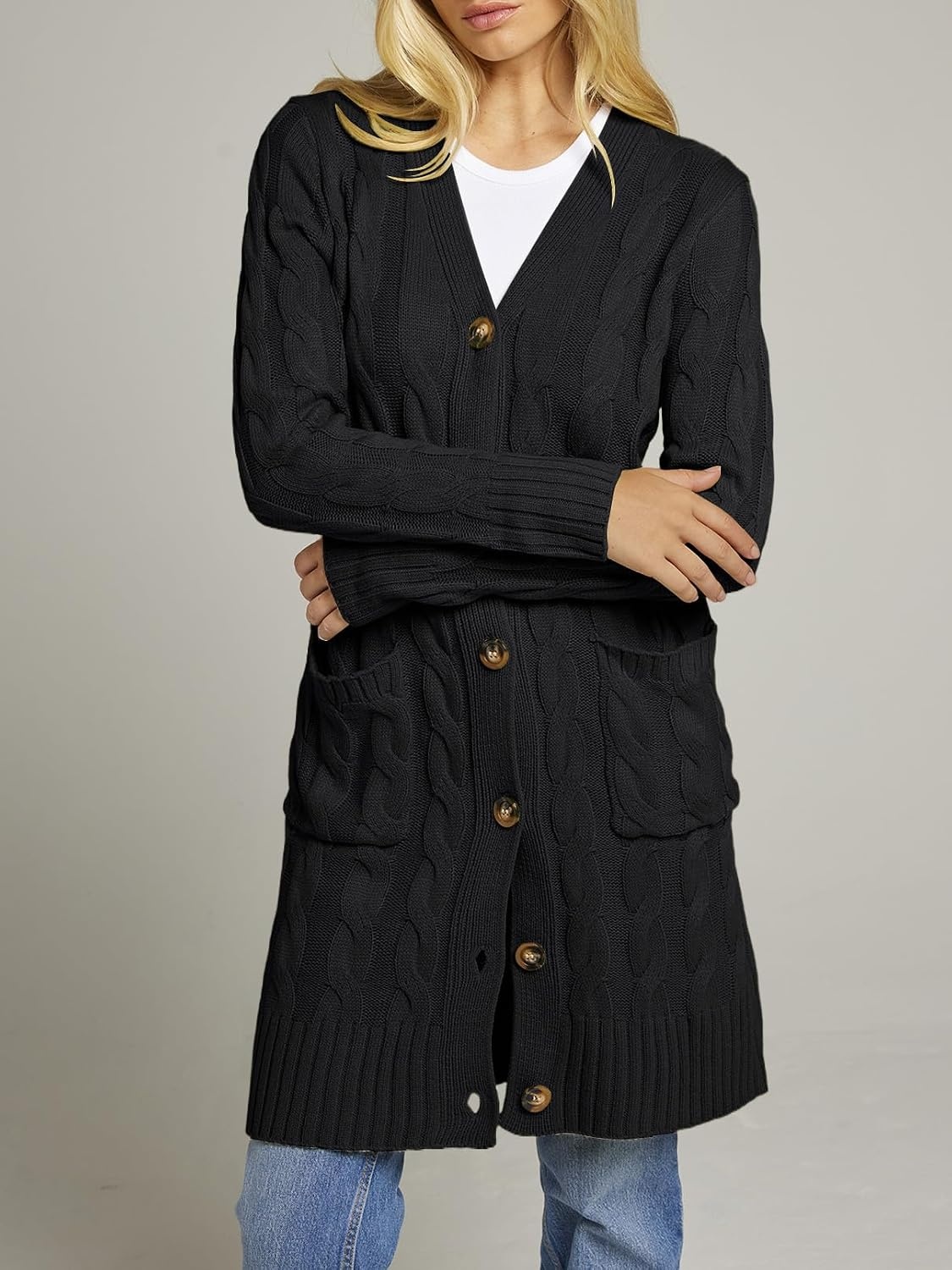 image:imageMEROKEETY Womens Fall Cable Knit Button Long Cardigan Sweater Button Front Long Sleeve Chunky Knit Open Front V Neck Loose Fit Side Pockets 2026 Winter Casual outerwearBlack