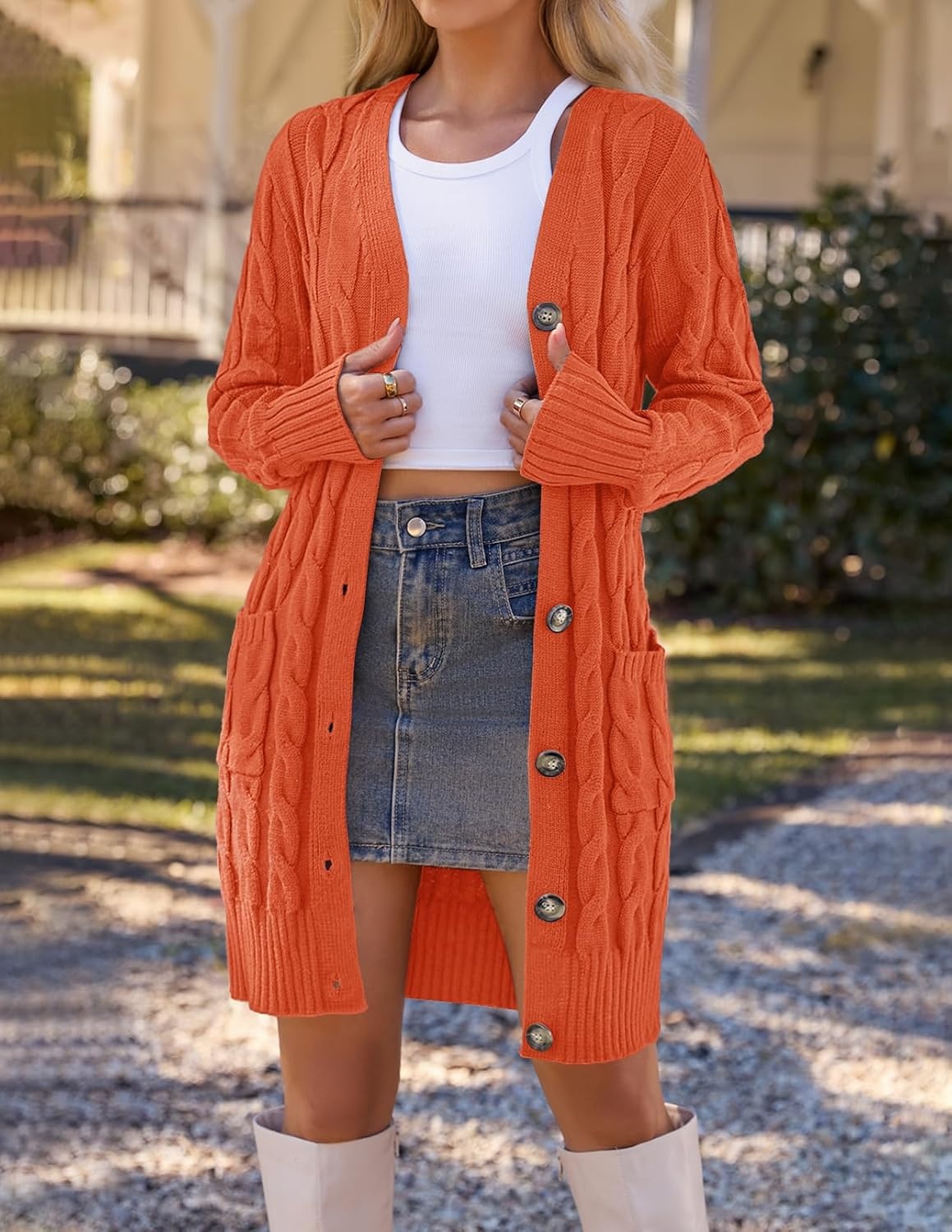 image:imageMEROKEETY Womens Fall Cable Knit Button Long Cardigan Sweater Button Front Long Sleeve Chunky Knit Open Front V Neck Loose Fit Side Pockets 2026 Winter Casual outerwearOrange