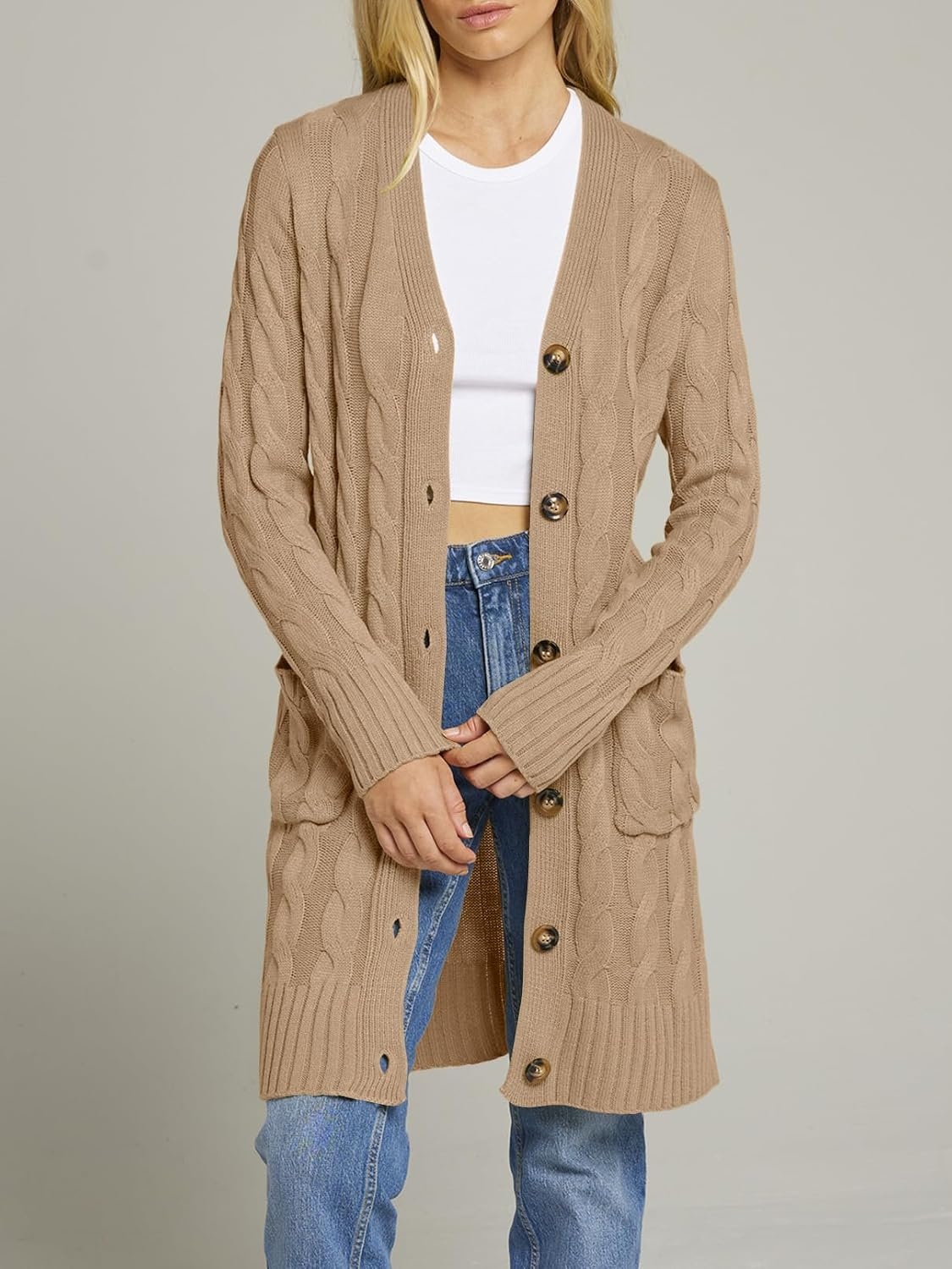 image:imageMEROKEETY Womens Fall Cable Knit Button Long Cardigan Sweater Button Front Long Sleeve Chunky Knit Open Front V Neck Loose Fit Side Pockets 2026 Winter Casual outerwearKhaki