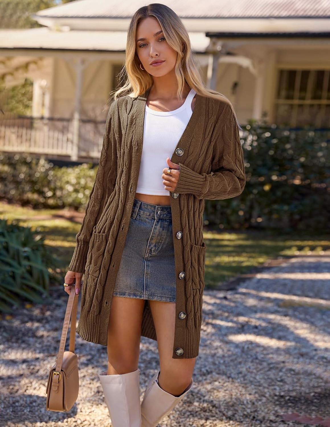 image:imageMEROKEETY Womens Fall Cable Knit Button Long Cardigan Sweater Button Front Long Sleeve Chunky Knit Open Front V Neck Loose Fit Side Pockets 2026 Winter Casual outerwearCoffee