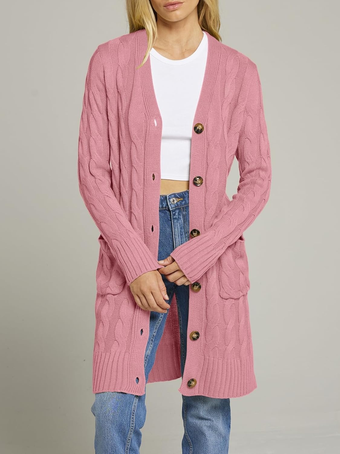 image:imageMEROKEETY Womens Fall Cable Knit Button Long Cardigan Sweater Button Front Long Sleeve Chunky Knit Open Front V Neck Loose Fit Side Pockets 2026 Winter Casual outerwearDarkpink
