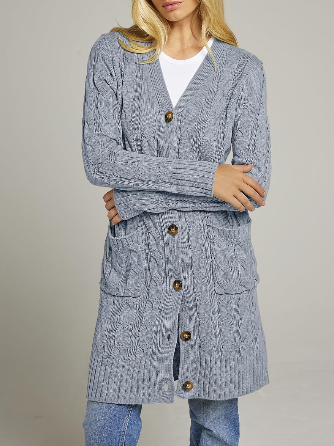 image:imageMEROKEETY Womens Fall Cable Knit Button Long Cardigan Sweater Button Front Long Sleeve Chunky Knit Open Front V Neck Loose Fit Side Pockets 2026 Winter Casual outerwearGrey