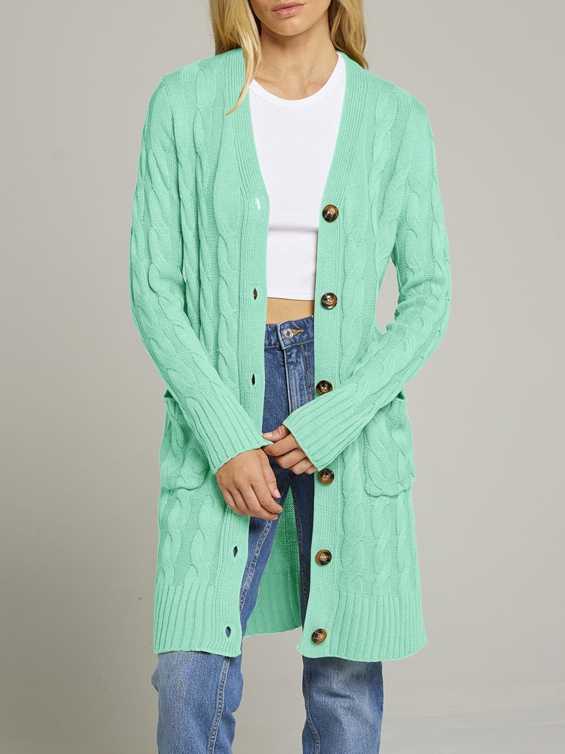 image:imageMEROKEETY Womens Fall Cable Knit Button Long Cardigan Sweater Button Front Long Sleeve Chunky Knit Open Front V Neck Loose Fit Side Pockets 2026 Winter Casual outerwearMint