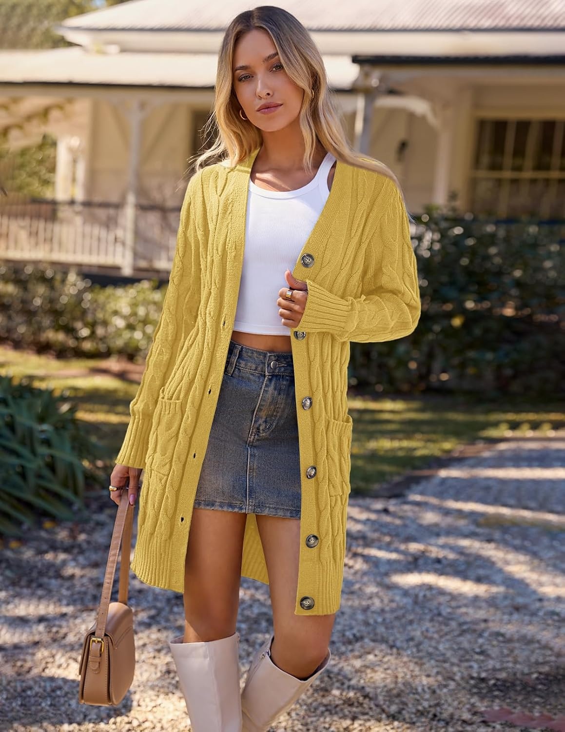 image:imageMEROKEETY Womens Fall Cable Knit Button Long Cardigan Sweater Button Front Long Sleeve Chunky Knit Open Front V Neck Loose Fit Side Pockets 2026 Winter Casual outerwearMustard