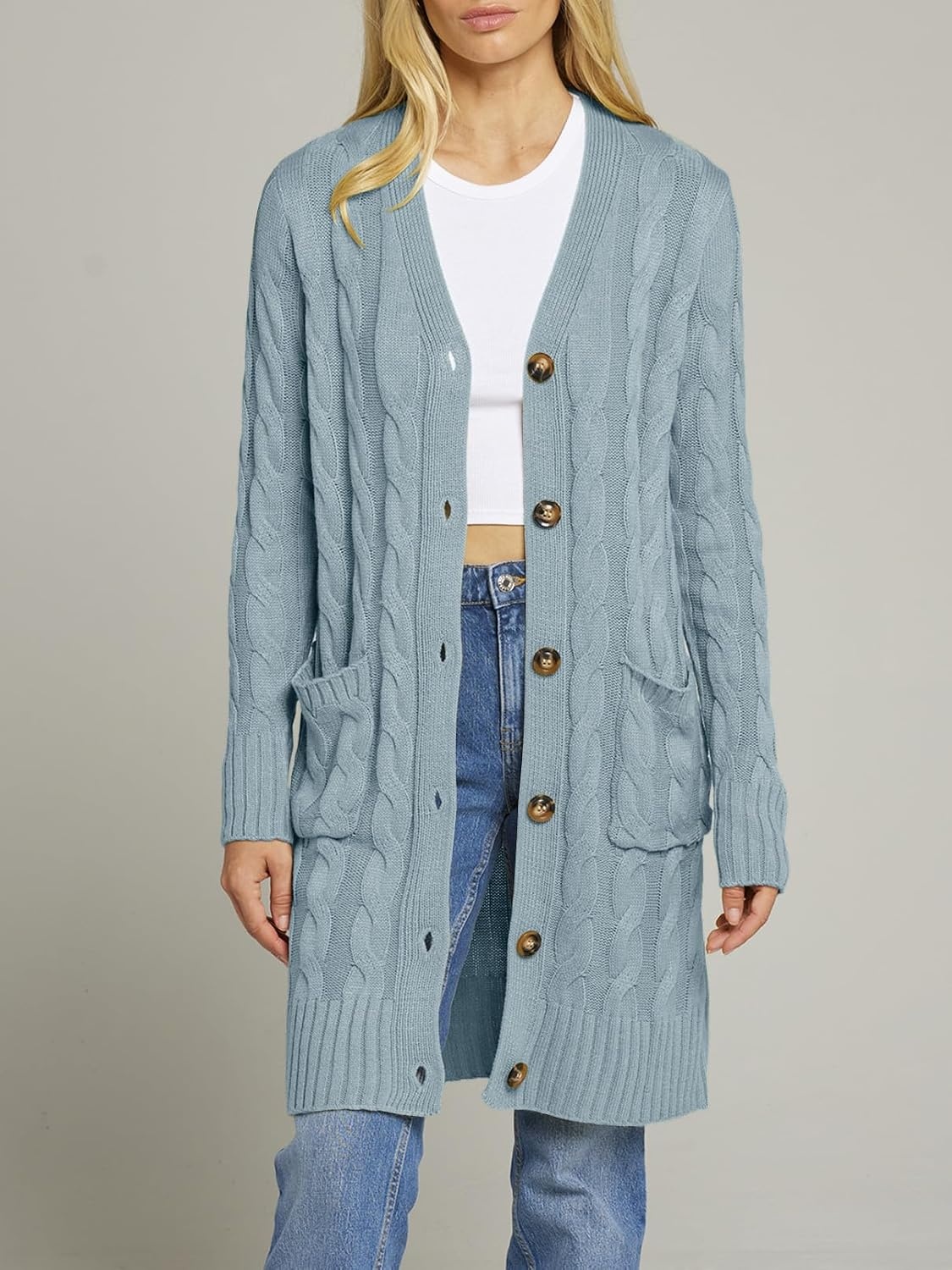 image:imageMEROKEETY Womens Fall Cable Knit Button Long Cardigan Sweater Button Front Long Sleeve Chunky Knit Open Front V Neck Loose Fit Side Pockets 2026 Winter Casual outerwearSage