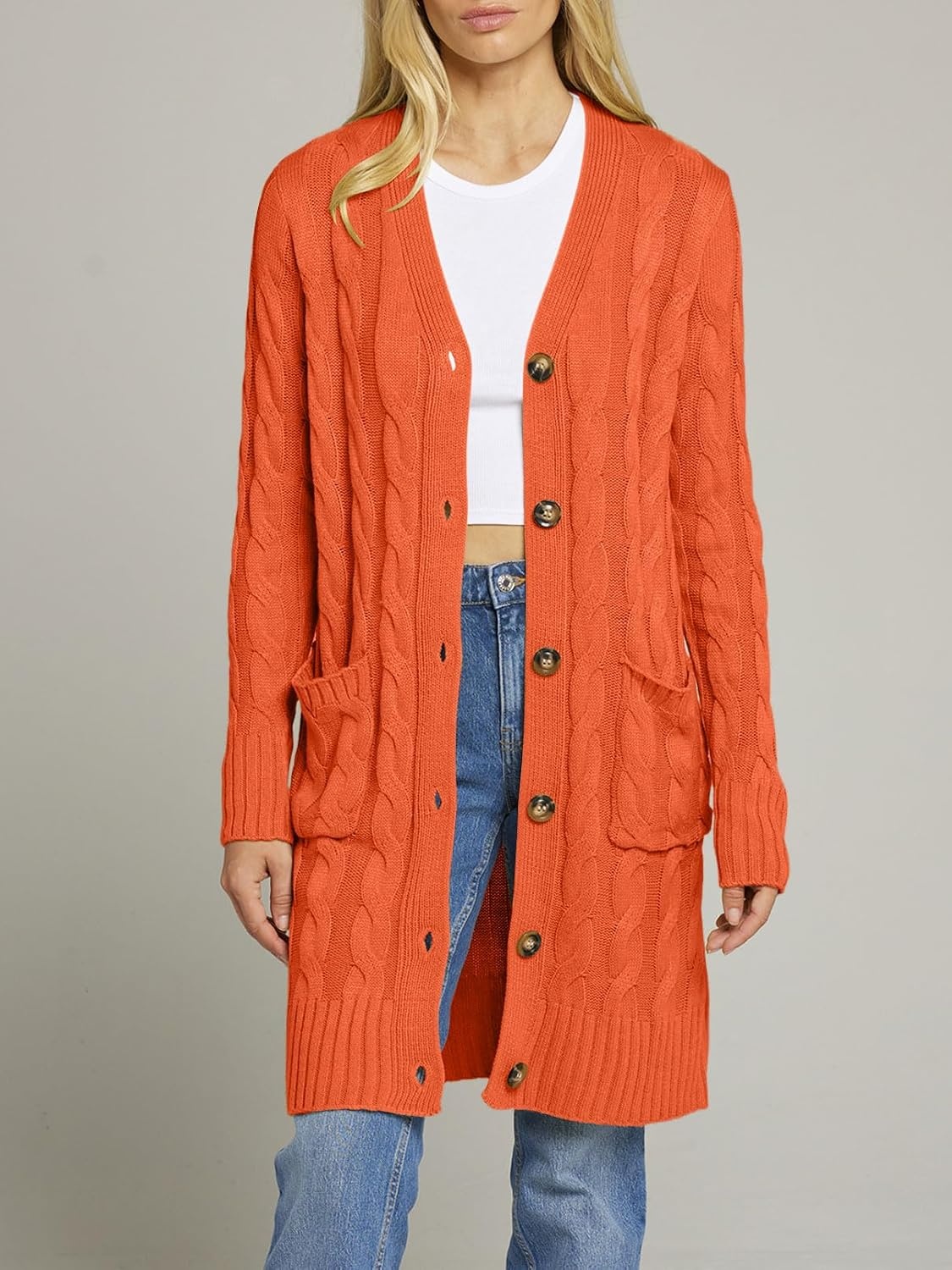 image:imageMEROKEETY Womens Fall Cable Knit Button Long Cardigan Sweater Button Front Long Sleeve Chunky Knit Open Front V Neck Loose Fit Side Pockets 2026 Winter Casual outerwearOrange