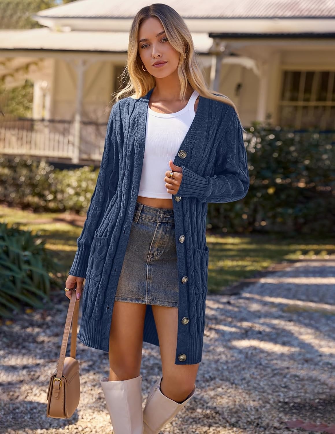 image:imageMEROKEETY Womens Fall Cable Knit Button Long Cardigan Sweater Button Front Long Sleeve Chunky Knit Open Front V Neck Loose Fit Side Pockets 2026 Winter Casual outerwearNavy