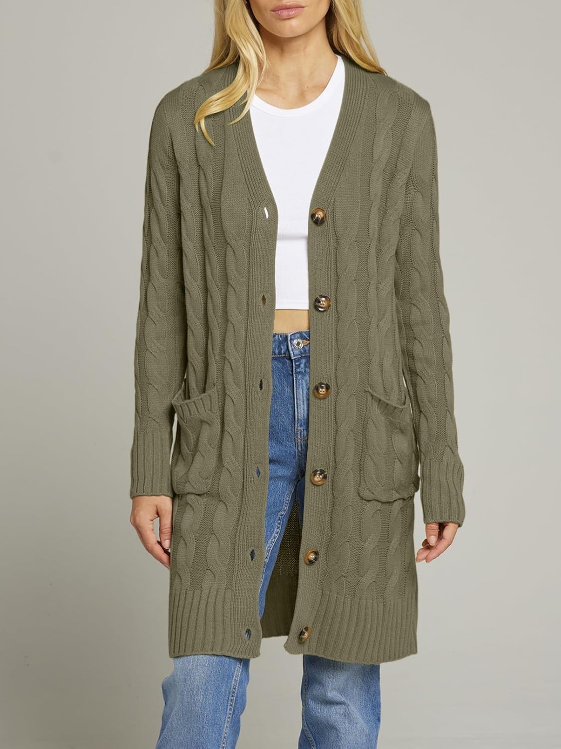 image:imageMEROKEETY Womens Fall Cable Knit Button Long Cardigan Sweater Button Front Long Sleeve Chunky Knit Open Front V Neck Loose Fit Side Pockets 2026 Winter Casual outerwearArmy Green