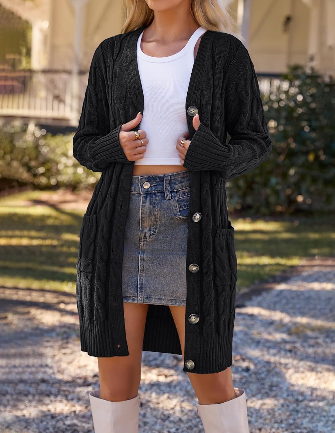 image:imageMEROKEETY Womens Fall Cable Knit Button Long Cardigan Sweater Button Front Long Sleeve Chunky Knit Open Front V Neck Loose Fit Side Pockets 2026 Winter Casual outerwearBlack