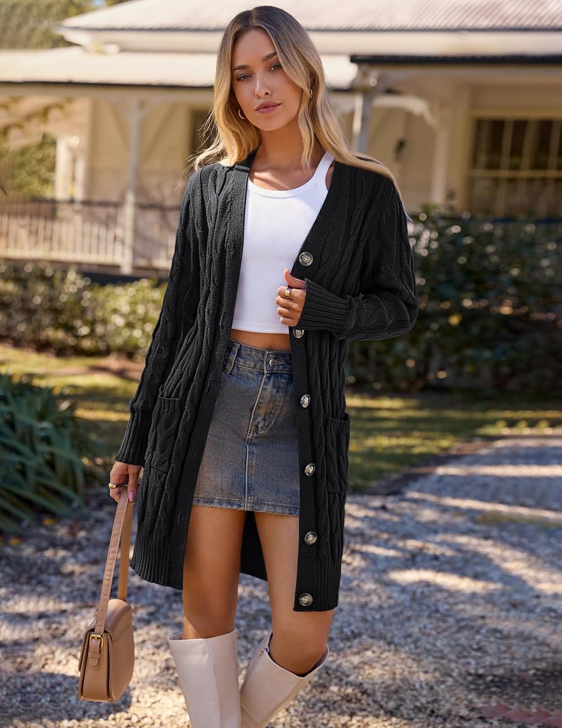 image:imageMEROKEETY Womens Fall Cable Knit Button Long Cardigan Sweater Button Front Long Sleeve Chunky Knit Open Front V Neck Loose Fit Side Pockets 2026 Winter Casual outerwearBlack