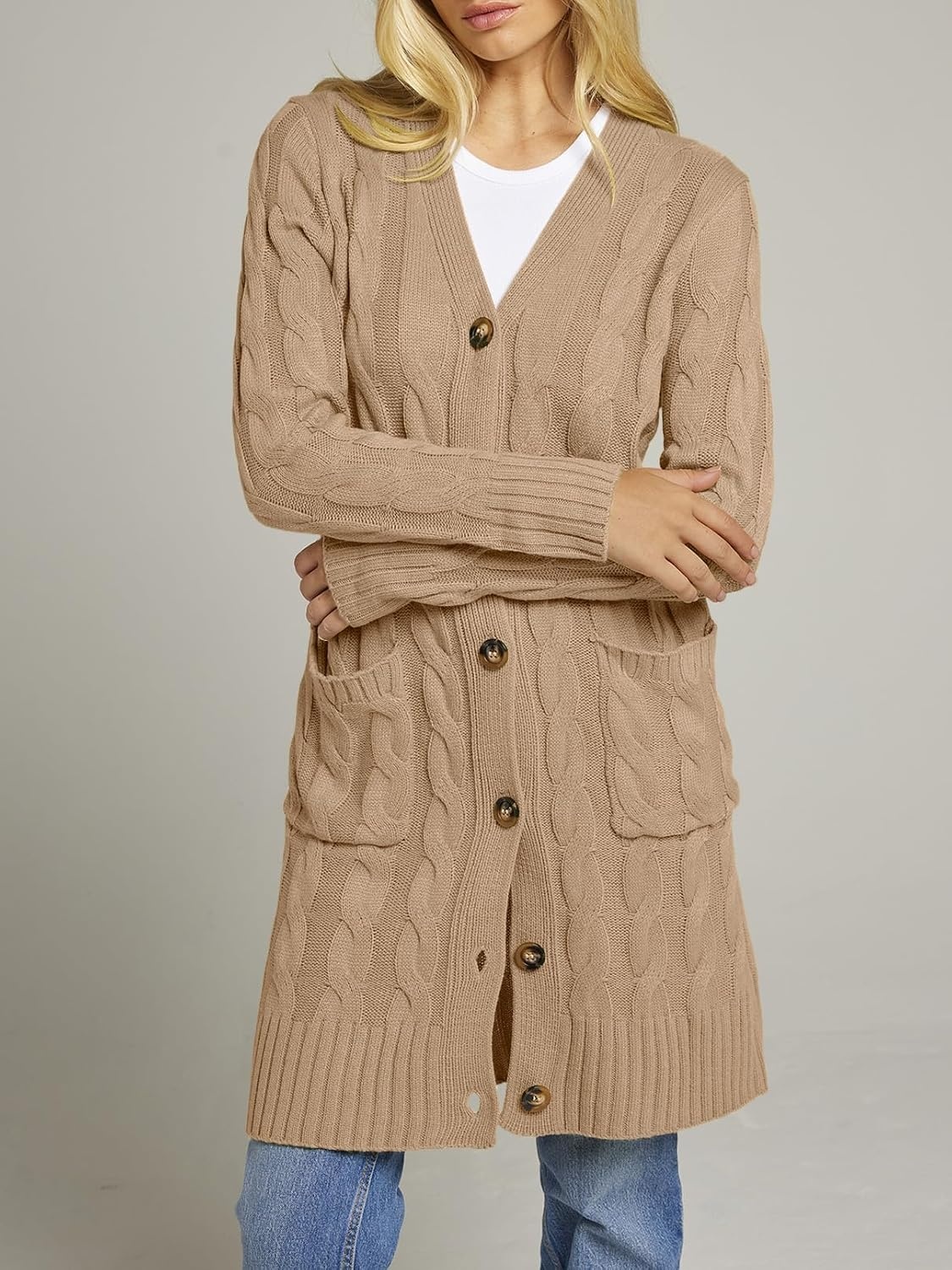 image:imageMEROKEETY Womens Fall Cable Knit Button Long Cardigan Sweater Button Front Long Sleeve Chunky Knit Open Front V Neck Loose Fit Side Pockets 2026 Winter Casual outerwearKhaki