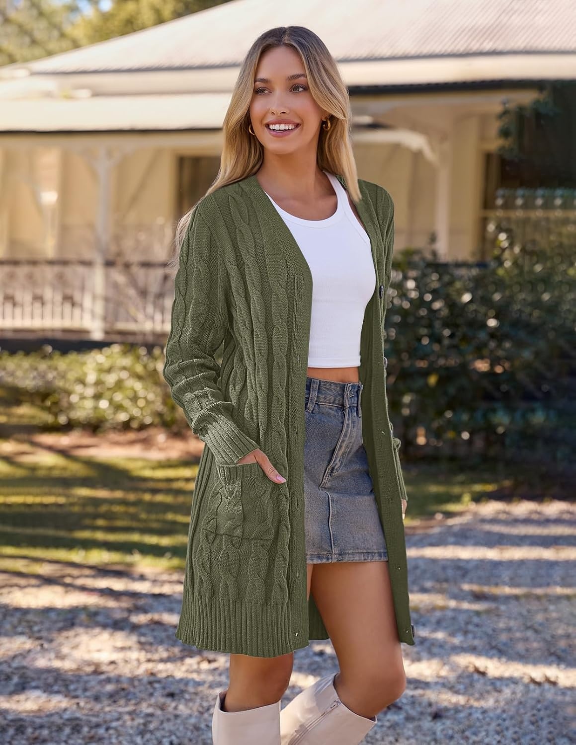 image:imageMEROKEETY Womens Fall Cable Knit Button Long Cardigan Sweater Button Front Long Sleeve Chunky Knit Open Front V Neck Loose Fit Side Pockets 2026 Winter Casual outerwearArmy Green