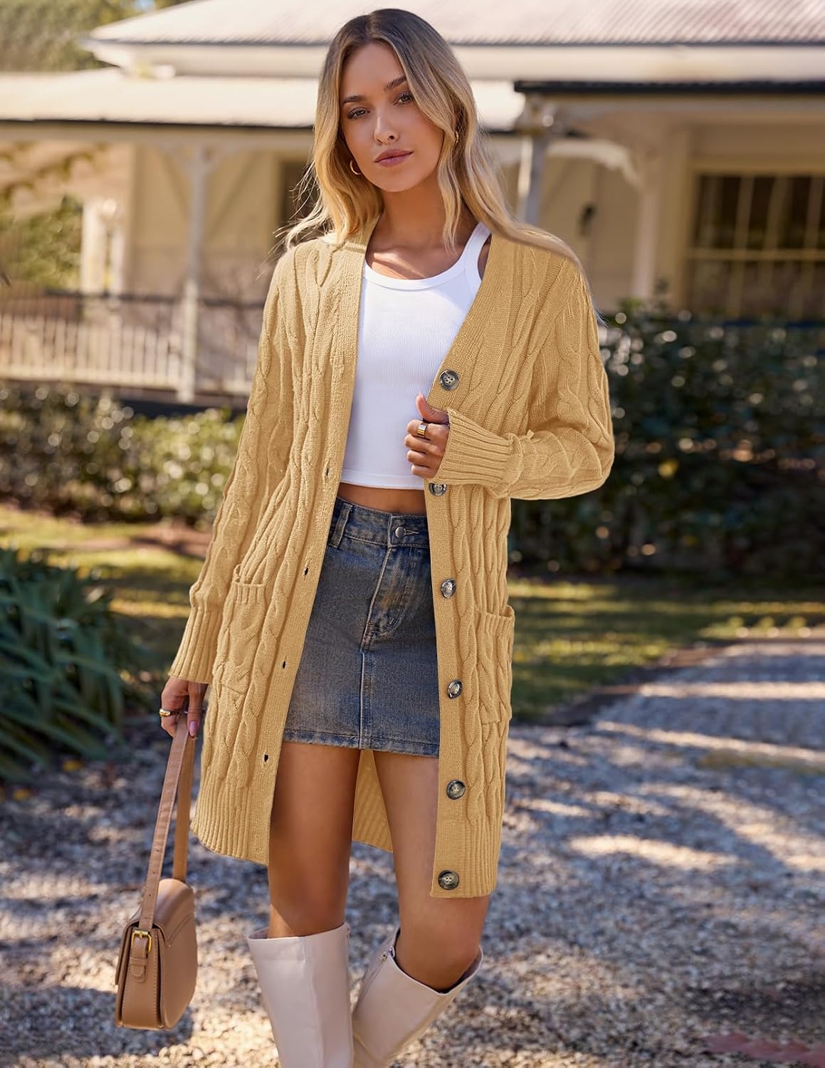 image:imageMEROKEETY Womens Fall Cable Knit Button Long Cardigan Sweater Button Front Long Sleeve Chunky Knit Open Front V Neck Loose Fit Side Pockets 2026 Winter Casual outerwearKhaki