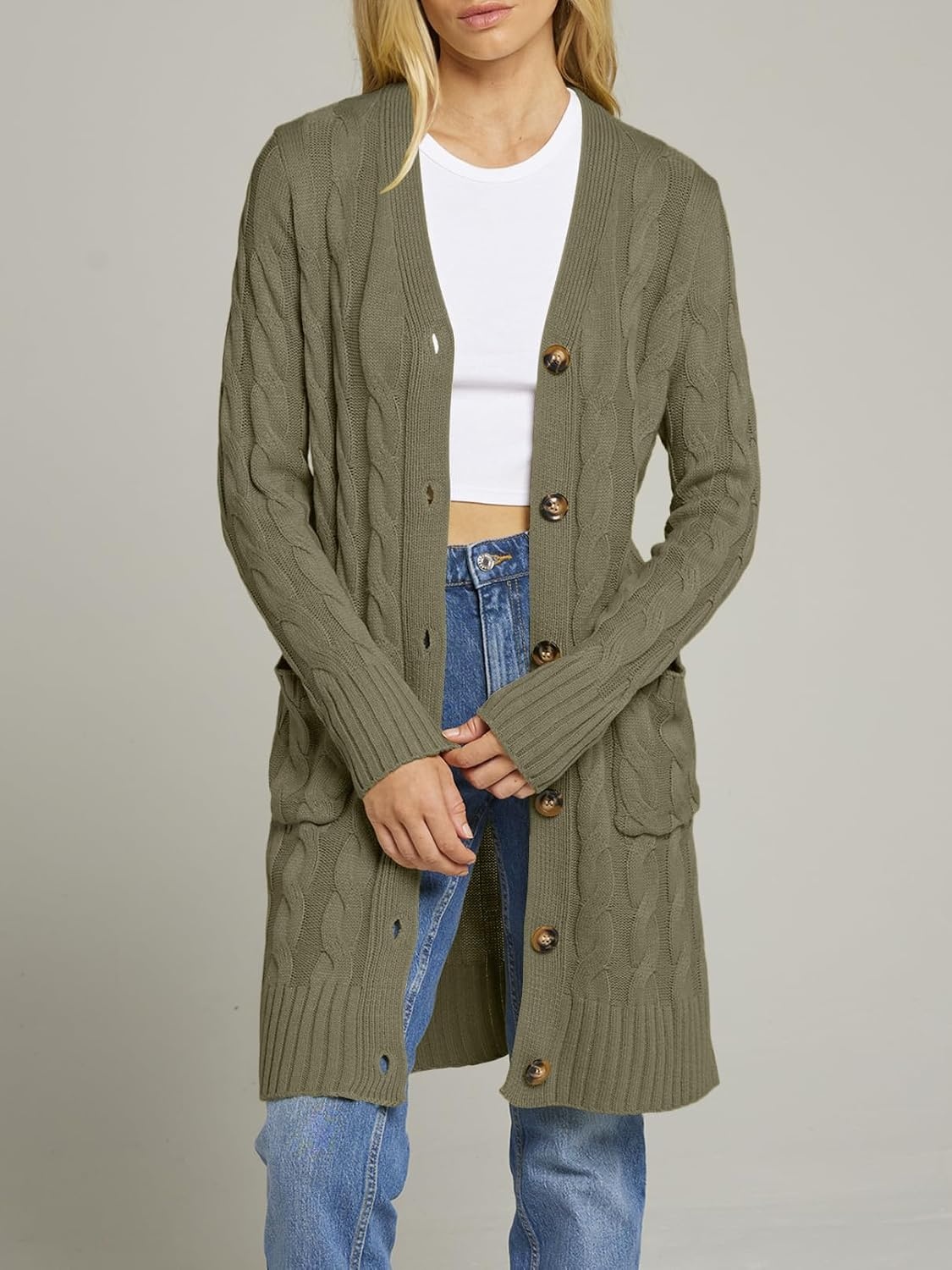 image:imageMEROKEETY Womens Fall Cable Knit Button Long Cardigan Sweater Button Front Long Sleeve Chunky Knit Open Front V Neck Loose Fit Side Pockets 2026 Winter Casual outerwearArmy Green