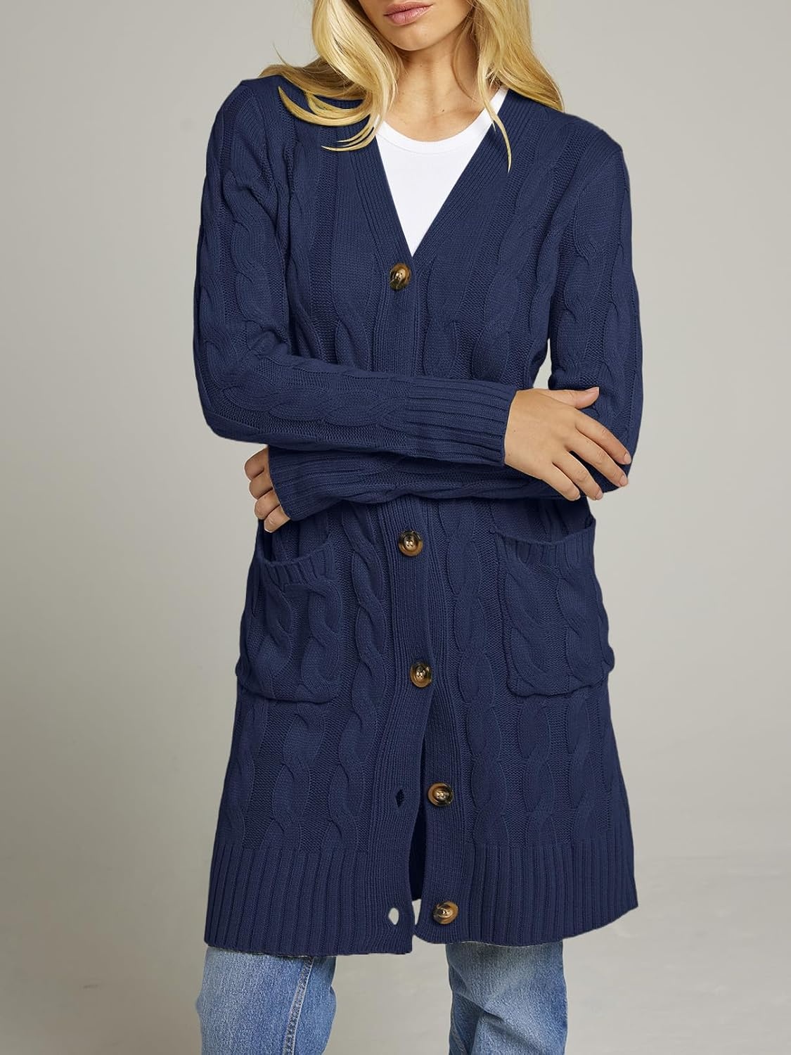 image:imageMEROKEETY Womens Fall Cable Knit Button Long Cardigan Sweater Button Front Long Sleeve Chunky Knit Open Front V Neck Loose Fit Side Pockets 2026 Winter Casual outerwearNavy